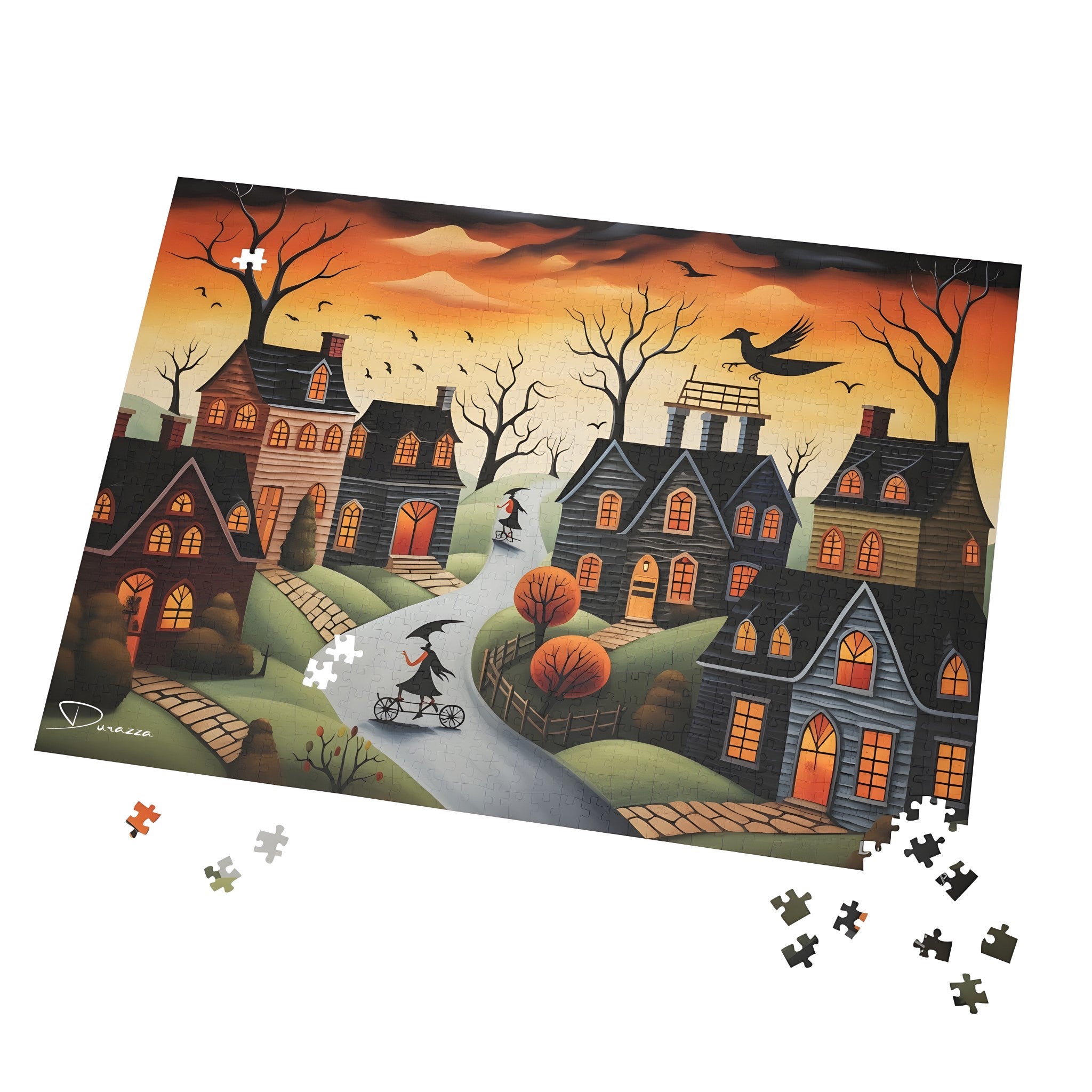 Halloween-themed puzzle with houses and a witch on a broomstick against an orange sky.