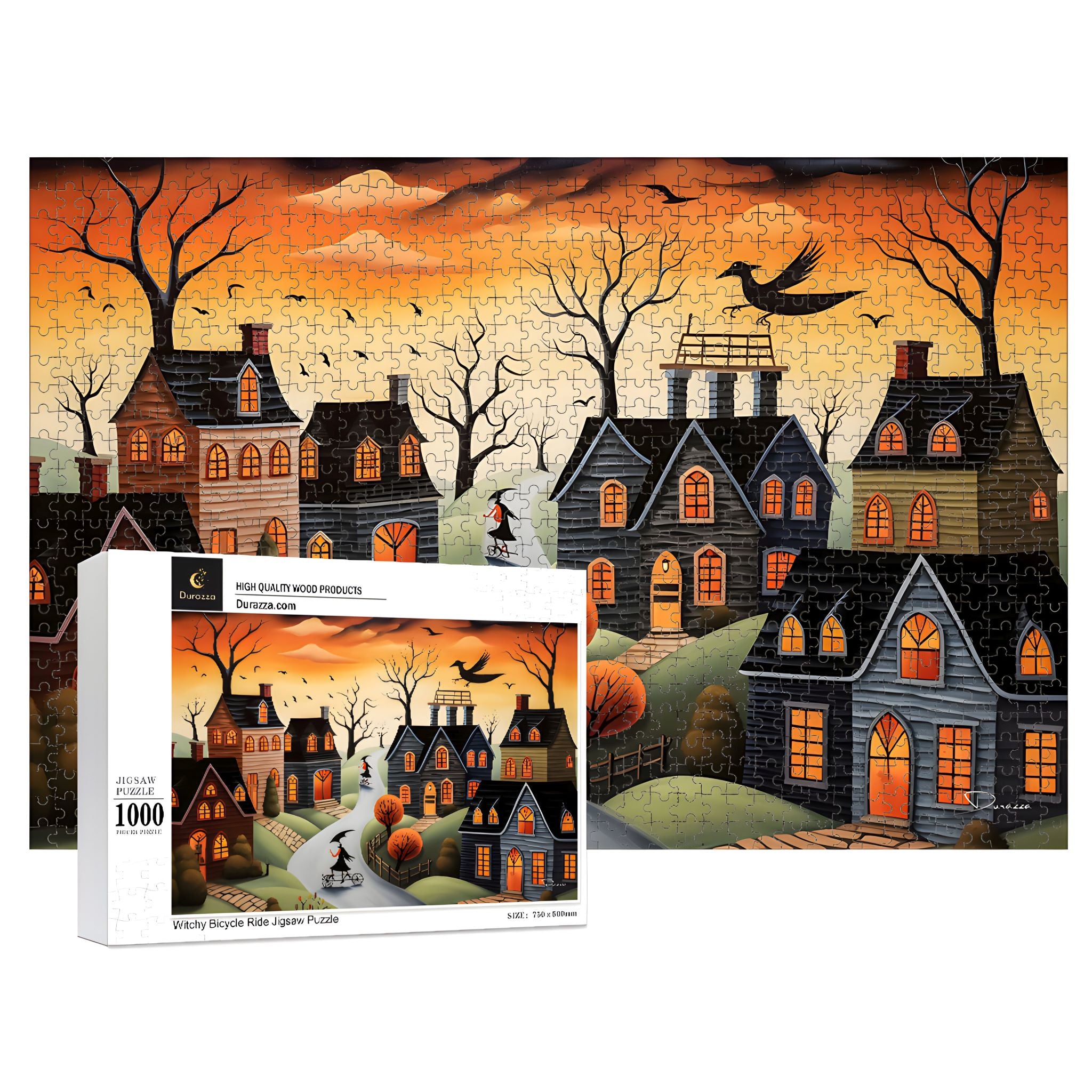 Halloween-themed jigsaw puzzle with houses and trees on a Durazza box
