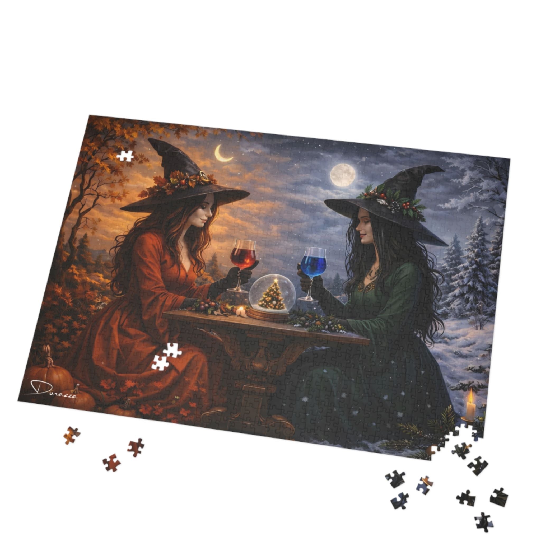 Jigsaw puzzle with one Autumn witches and a Winter witch at a table under a moonlit sky.