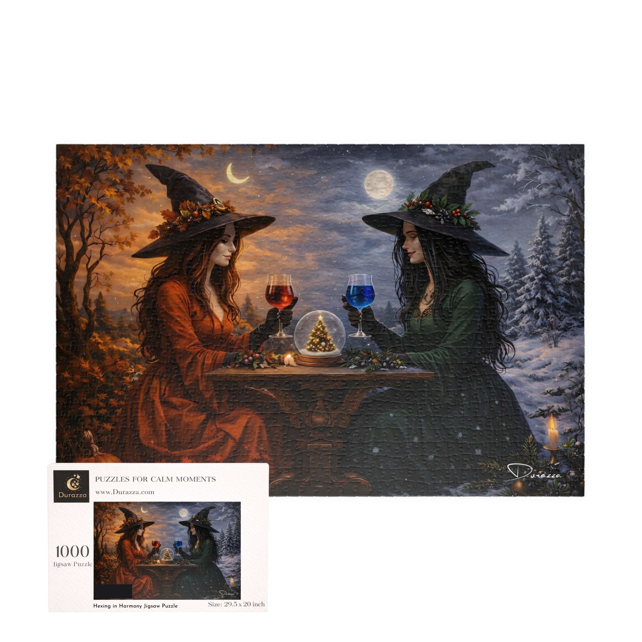 Two witches in a snowy landscape with a Durazza jigsaw puzzle box.