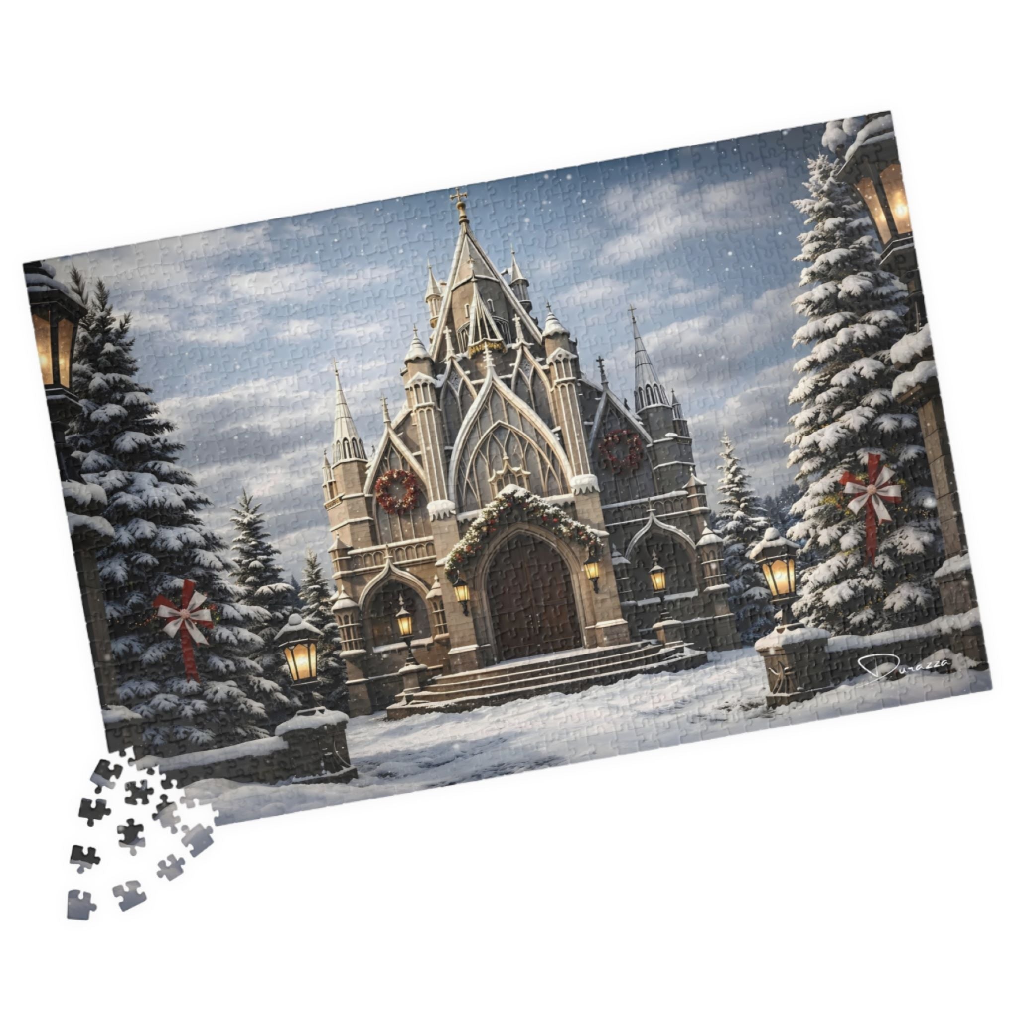 Gothic architecture Jigsaw puzzle with a winter scene of a castle and trees.