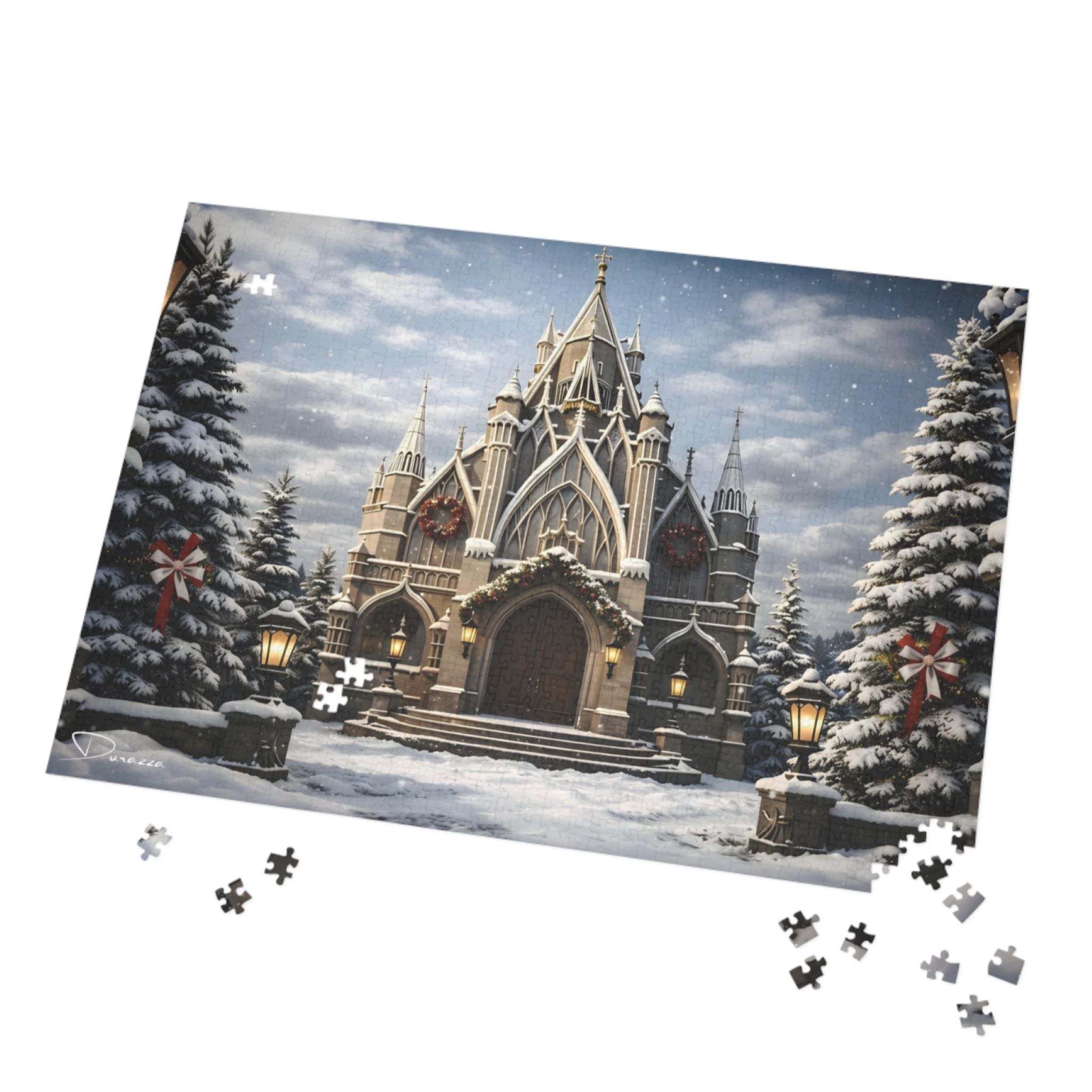 500 or 1000 piece Jigsaw puzzle with a winter scene of a castle and trees, some pieces missing.