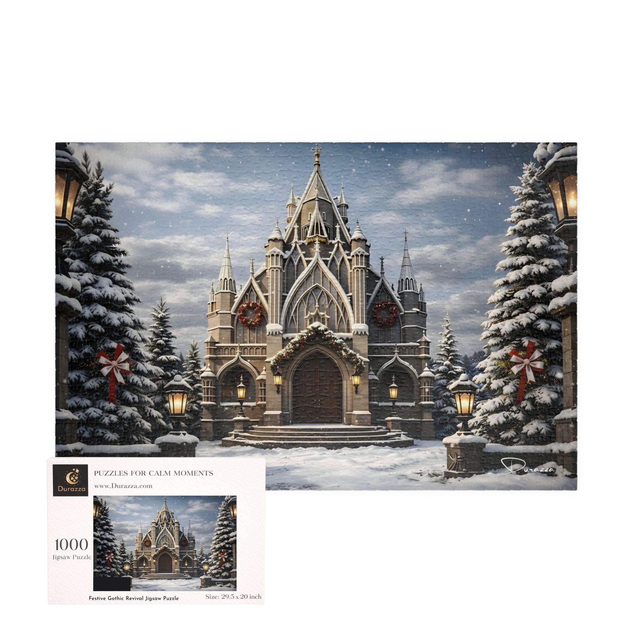 Gothic cathedral jigsaw puzzle in a snowy landscape with Christmas decorations, featuring a Durazza packaging.