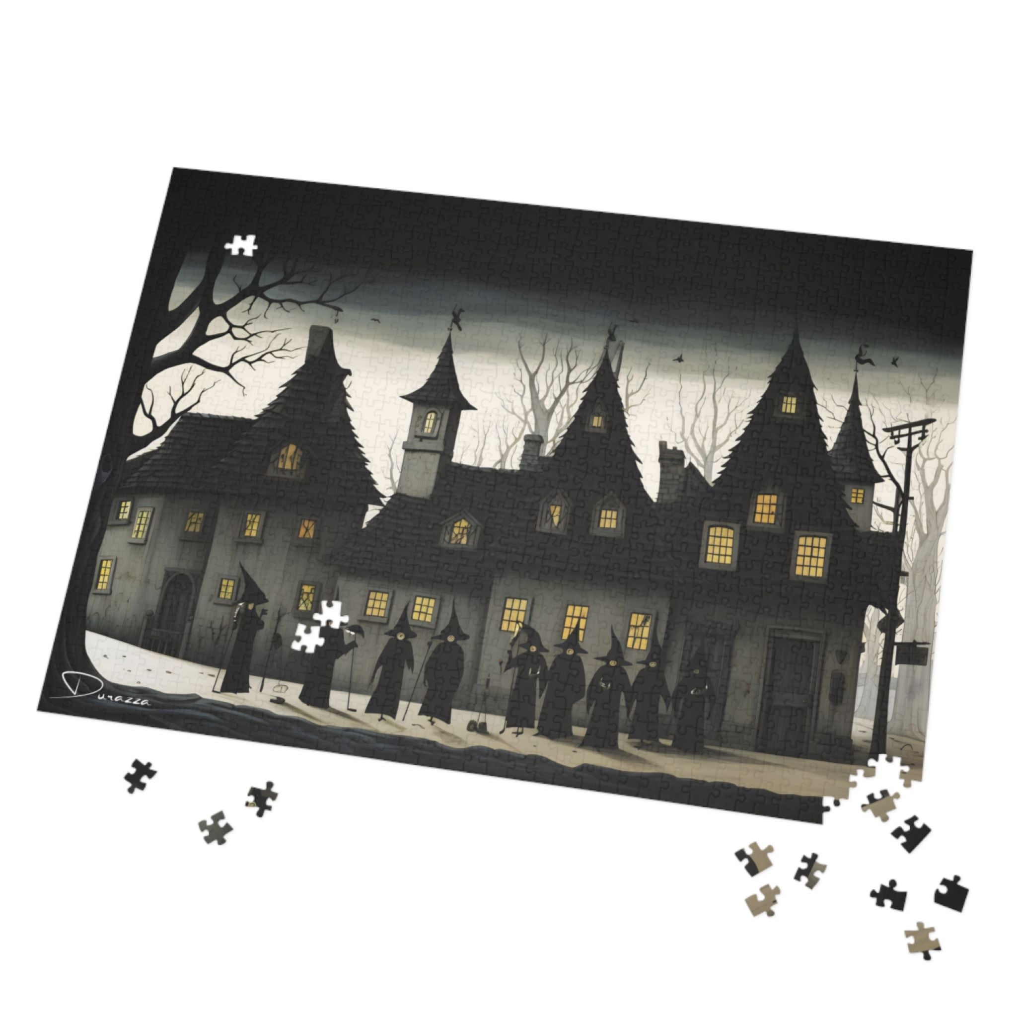 Halloween-themed puzzle with houses and witches on a white background