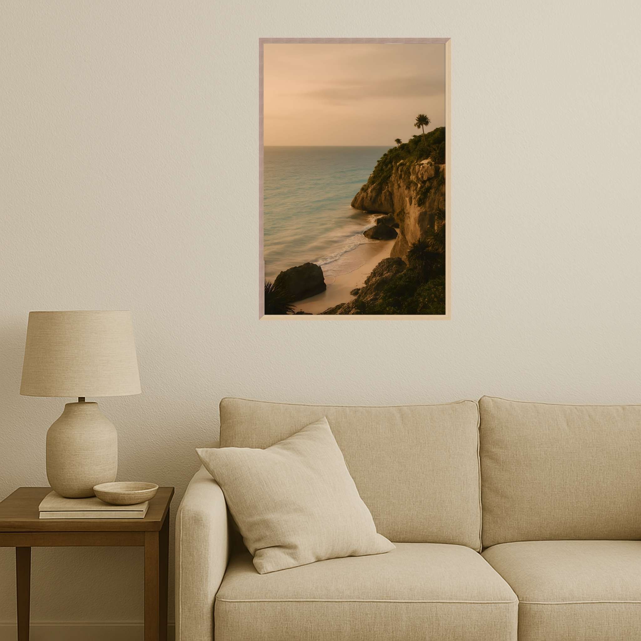 Tropical Beach Wall Art: Palms and Cliffs | Tulum Afterlight