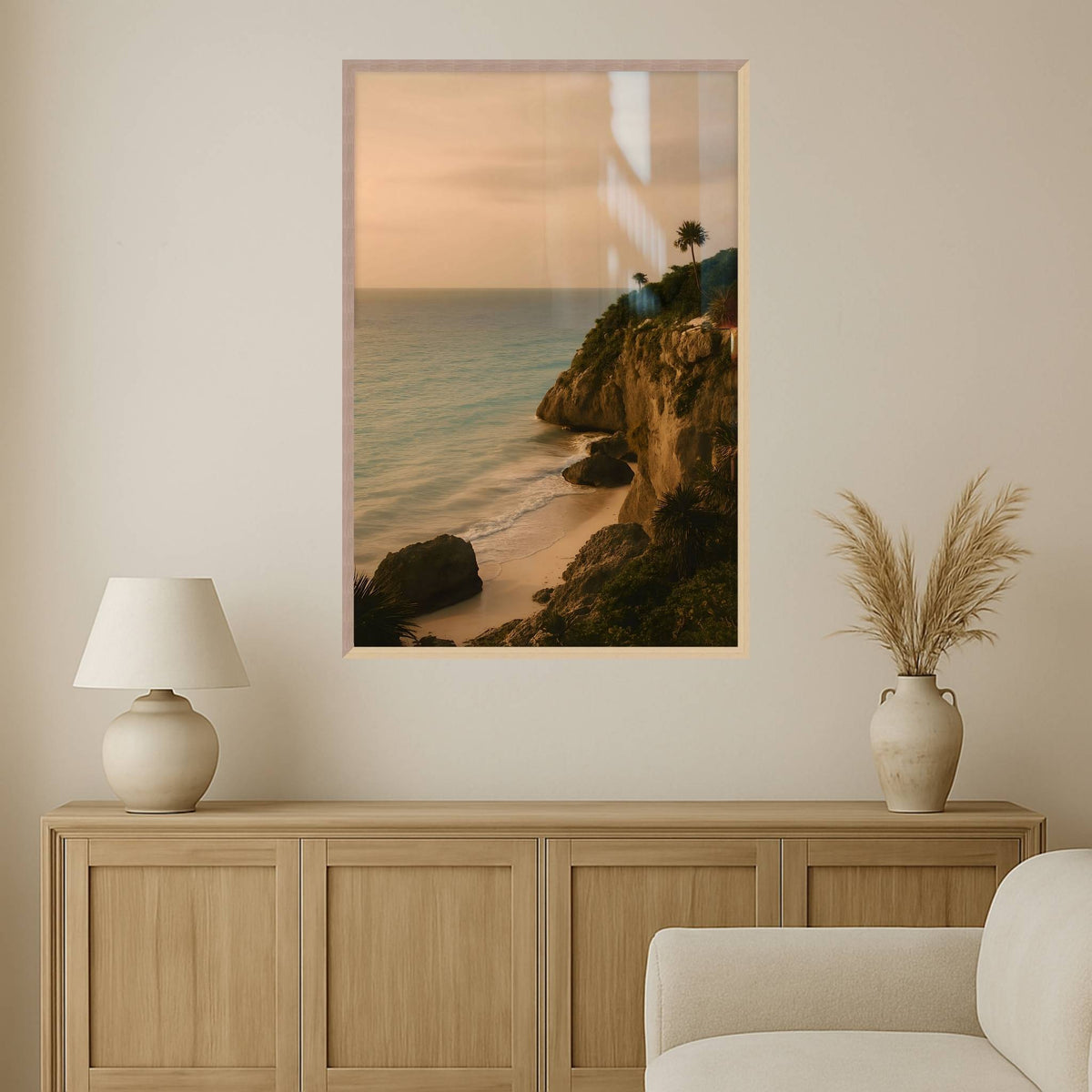 Tropical Beach Wall Art: Palms and Cliffs | Tulum Afterlight