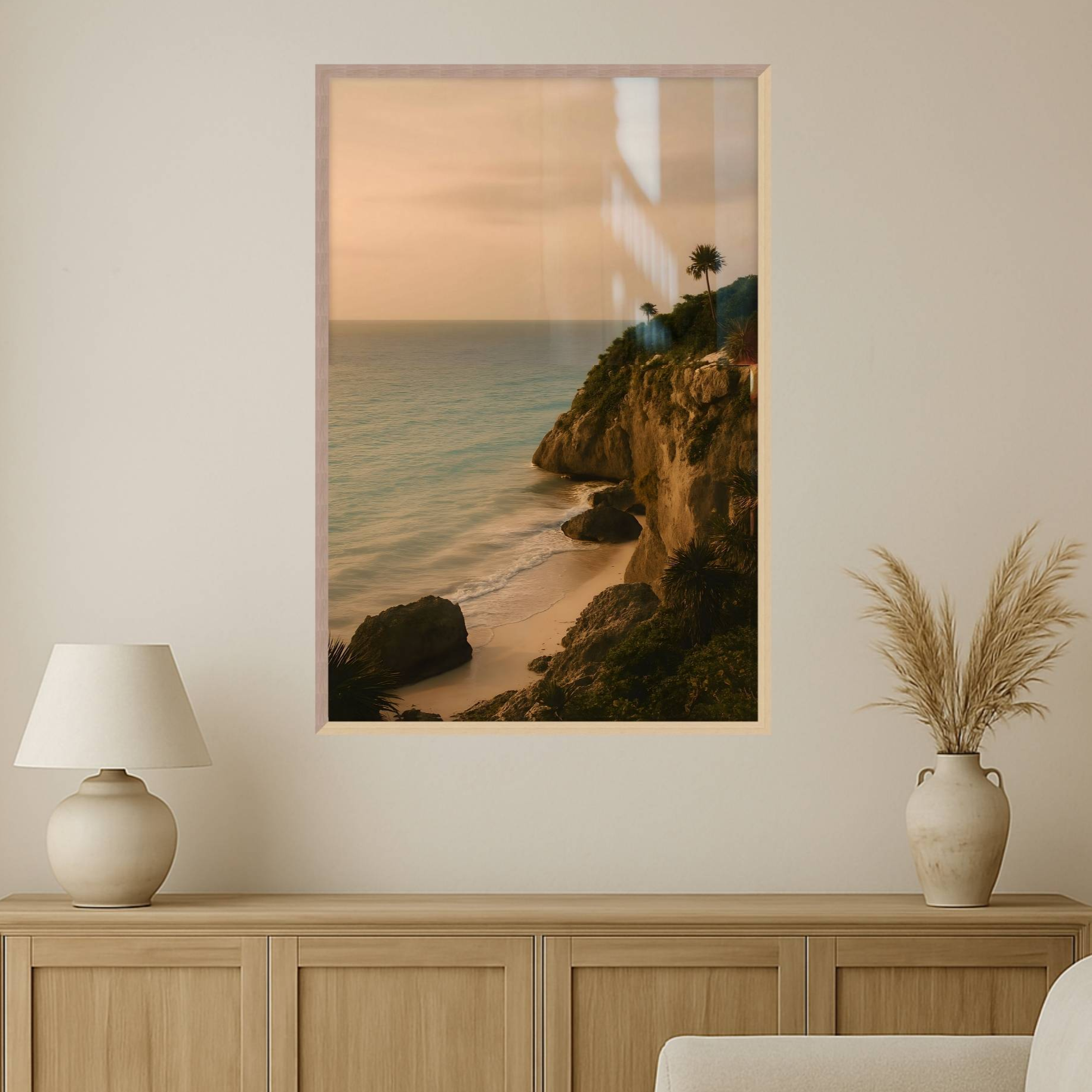 Tropical Beach Wall Art: Palms and Cliffs | Tulum Afterlight