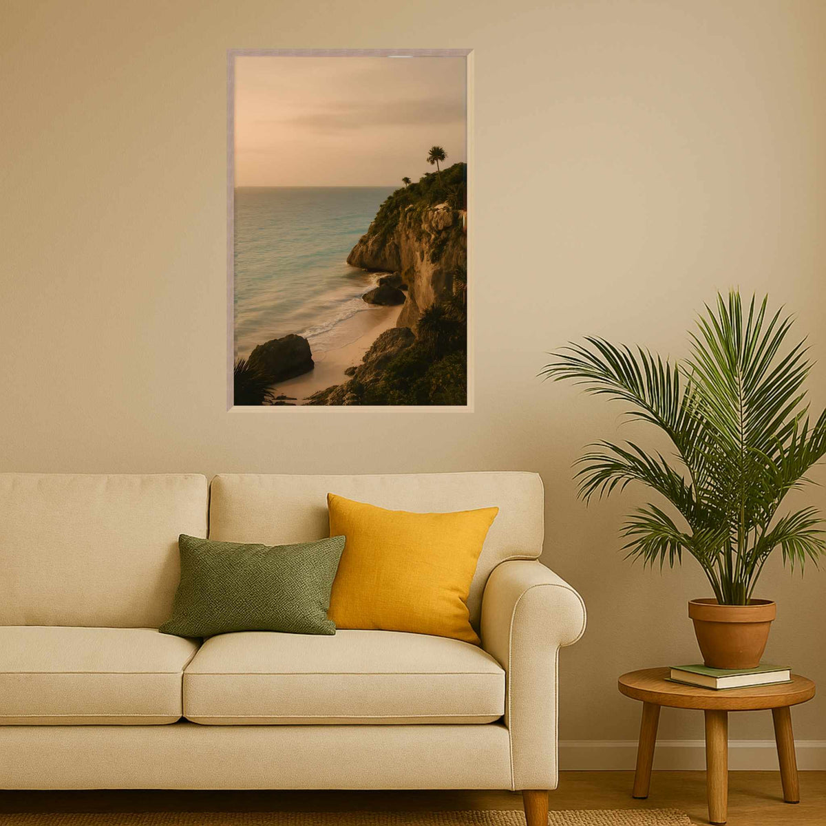 Tropical Beach Wall Art: Palms and Cliffs | Tulum Afterlight