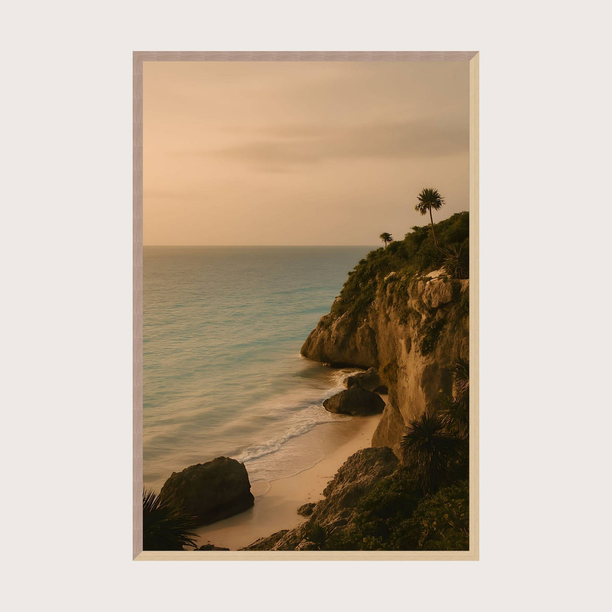 Tropical Beach Wall Art: Palms and Cliffs | Tulum Afterlight