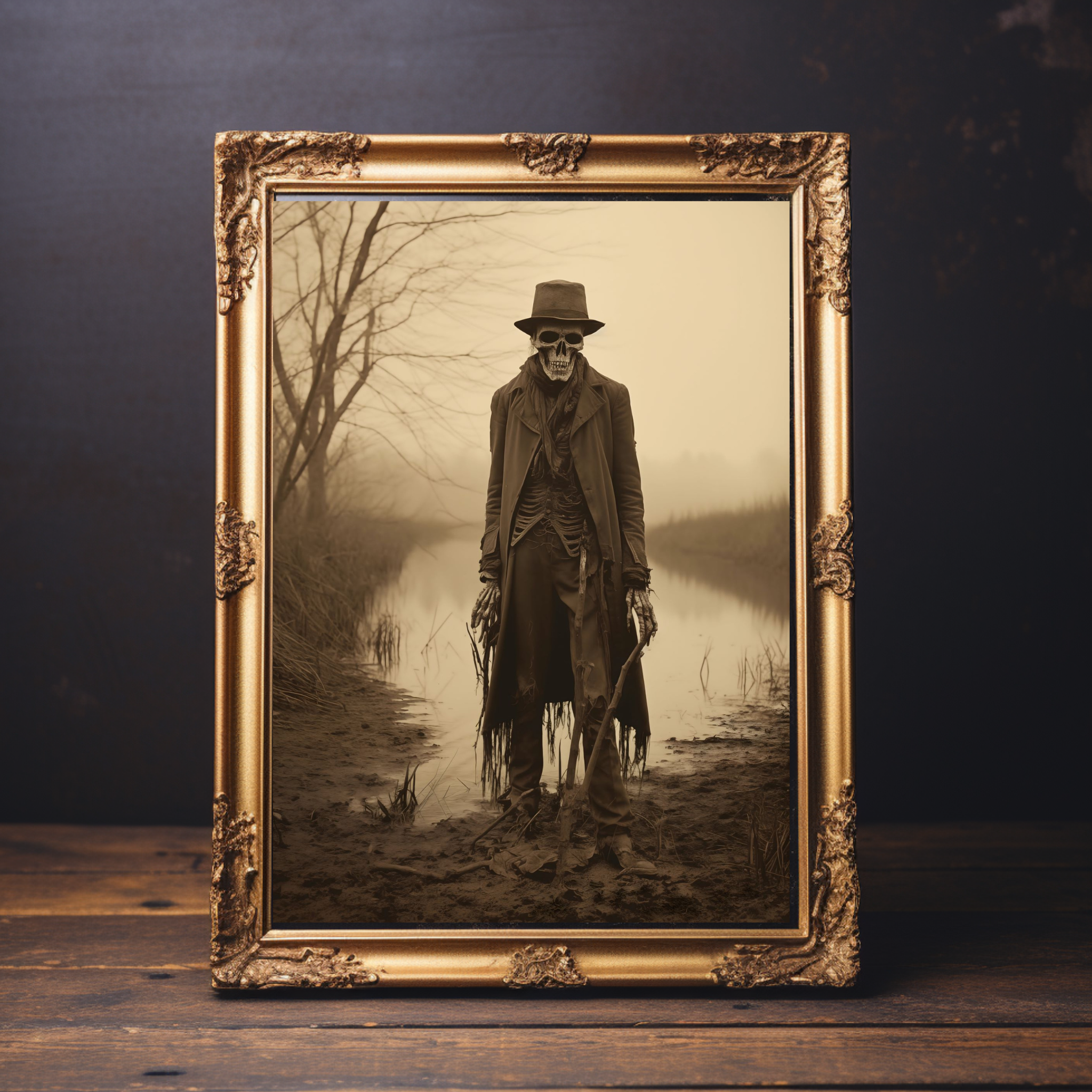 Undead Riverbank Skeleton Wall Art: Vintage Photo