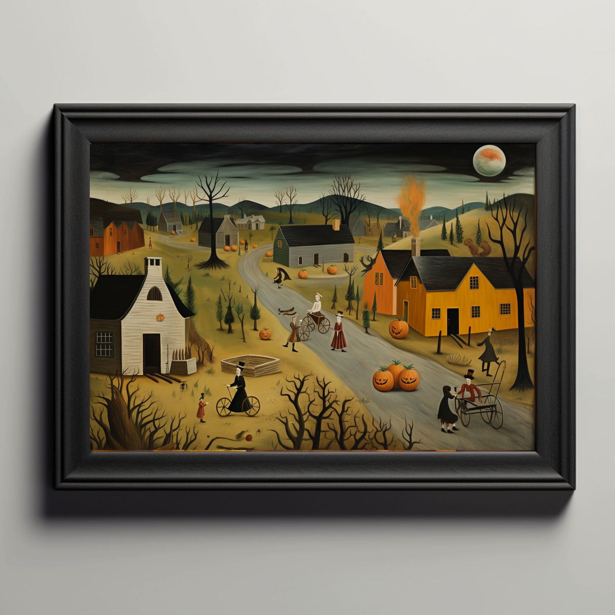 Village Autumn Harvest Satin Art Print: Contemporary Folk Art