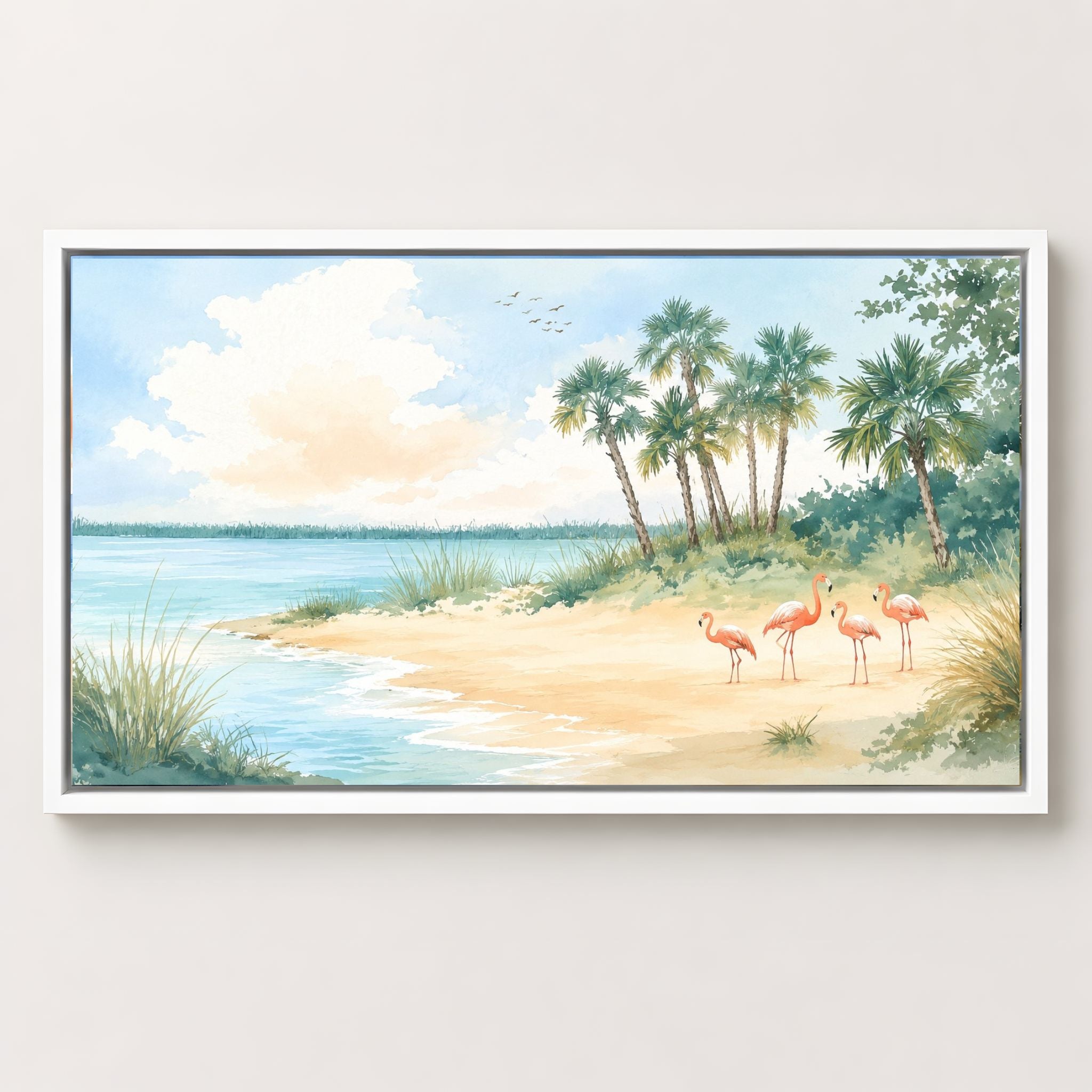 Flamingo coastal wall art for a seaside Mediterranean style home.