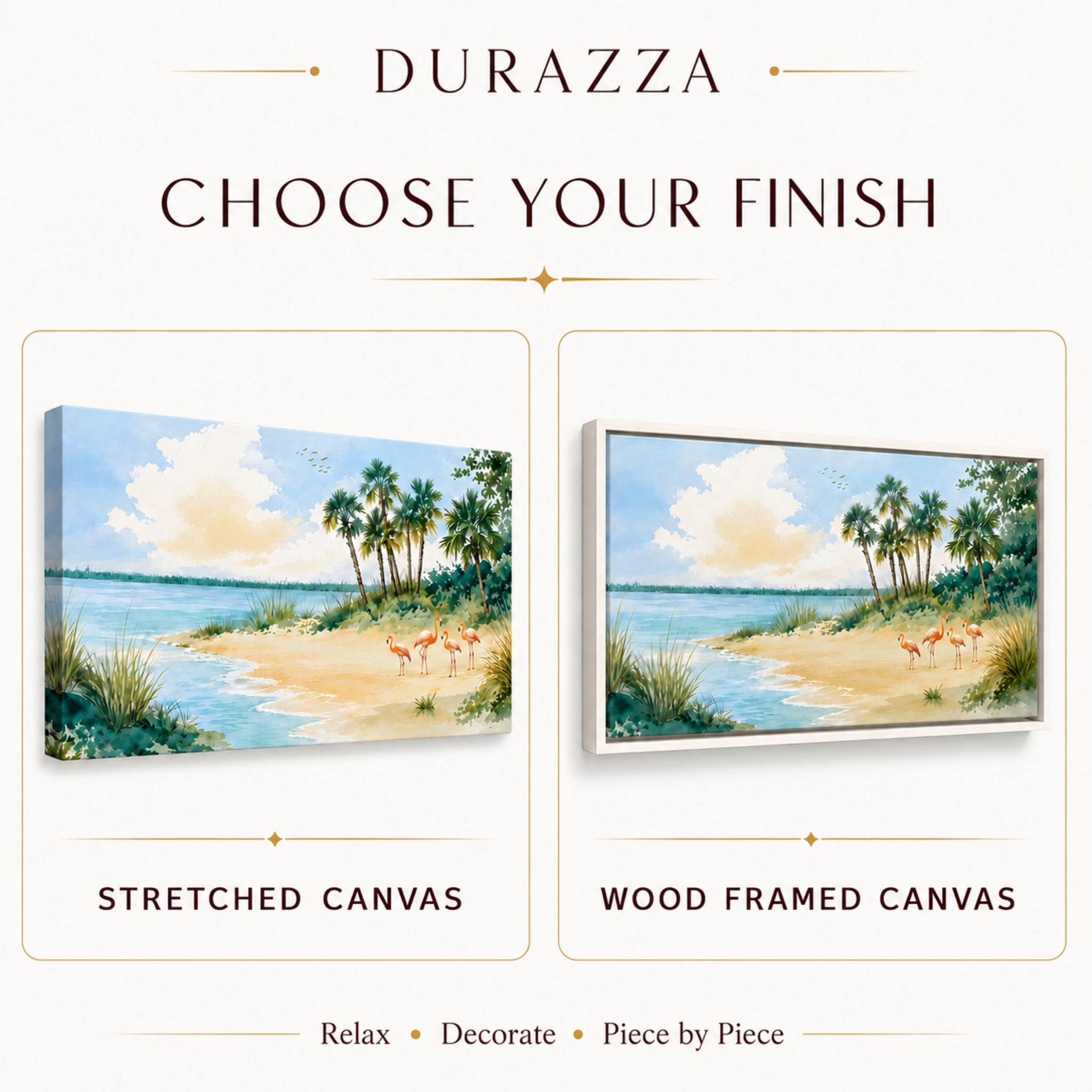Two canvas prints of a beach scene with palm trees and animals, one stretched and one wood framed, by Durazza.