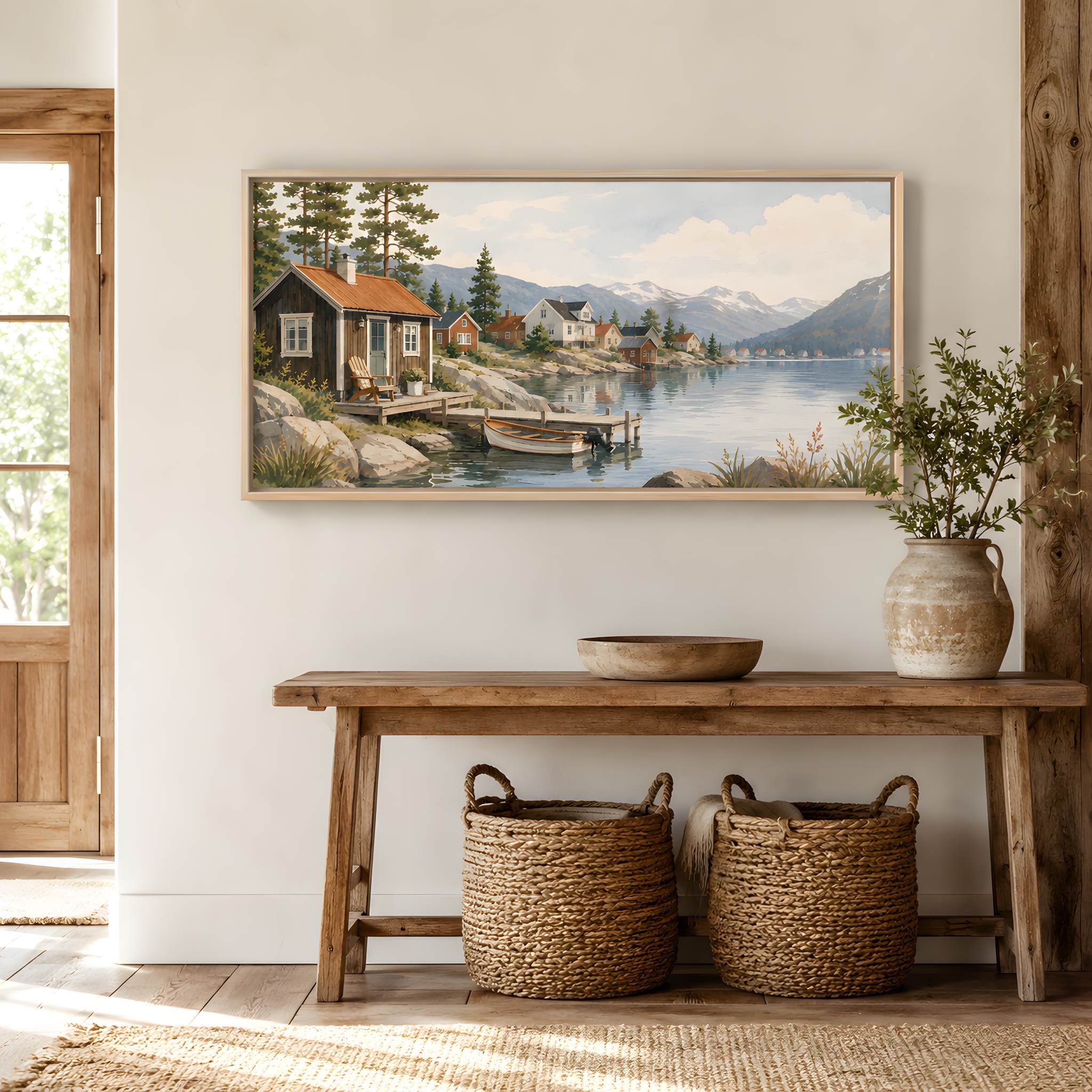 Nordic lakehouse canvas art styled in a warm entryway with natural wood decor.