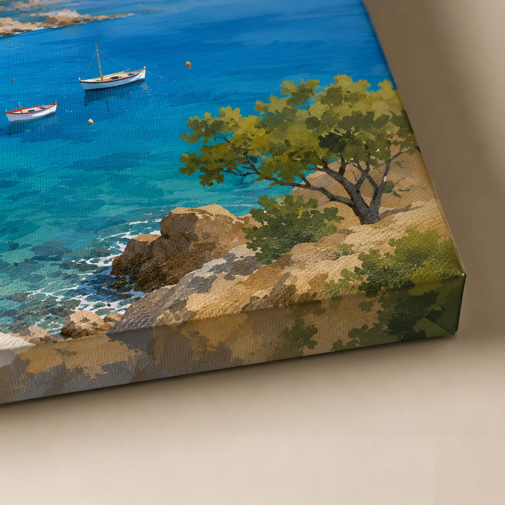 Wrapped canvas edge detail showing blue sea, shoreline, and textured artwork.