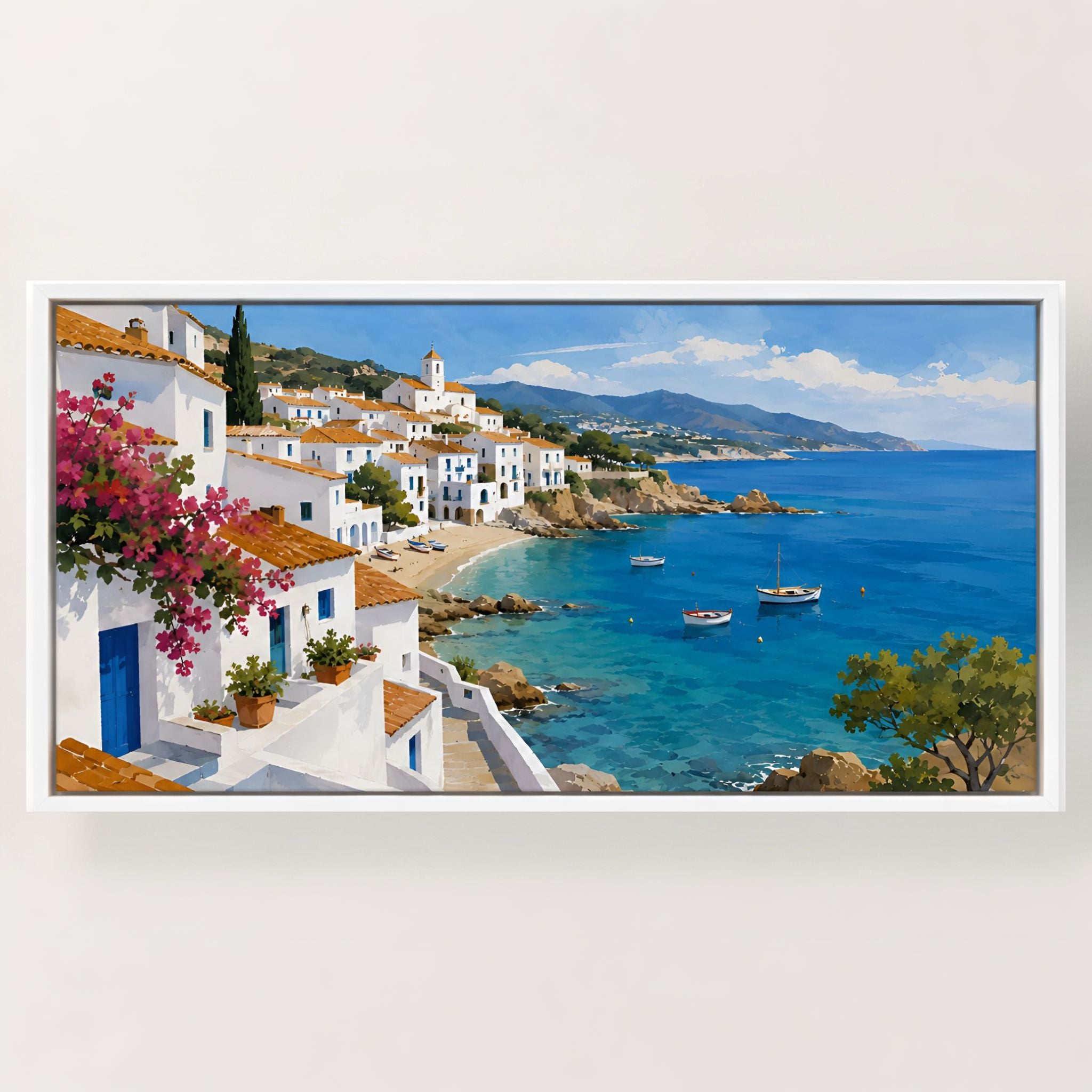 Coastal Mediterranean village canvas art with white buildings, turquoise water, and sailboats