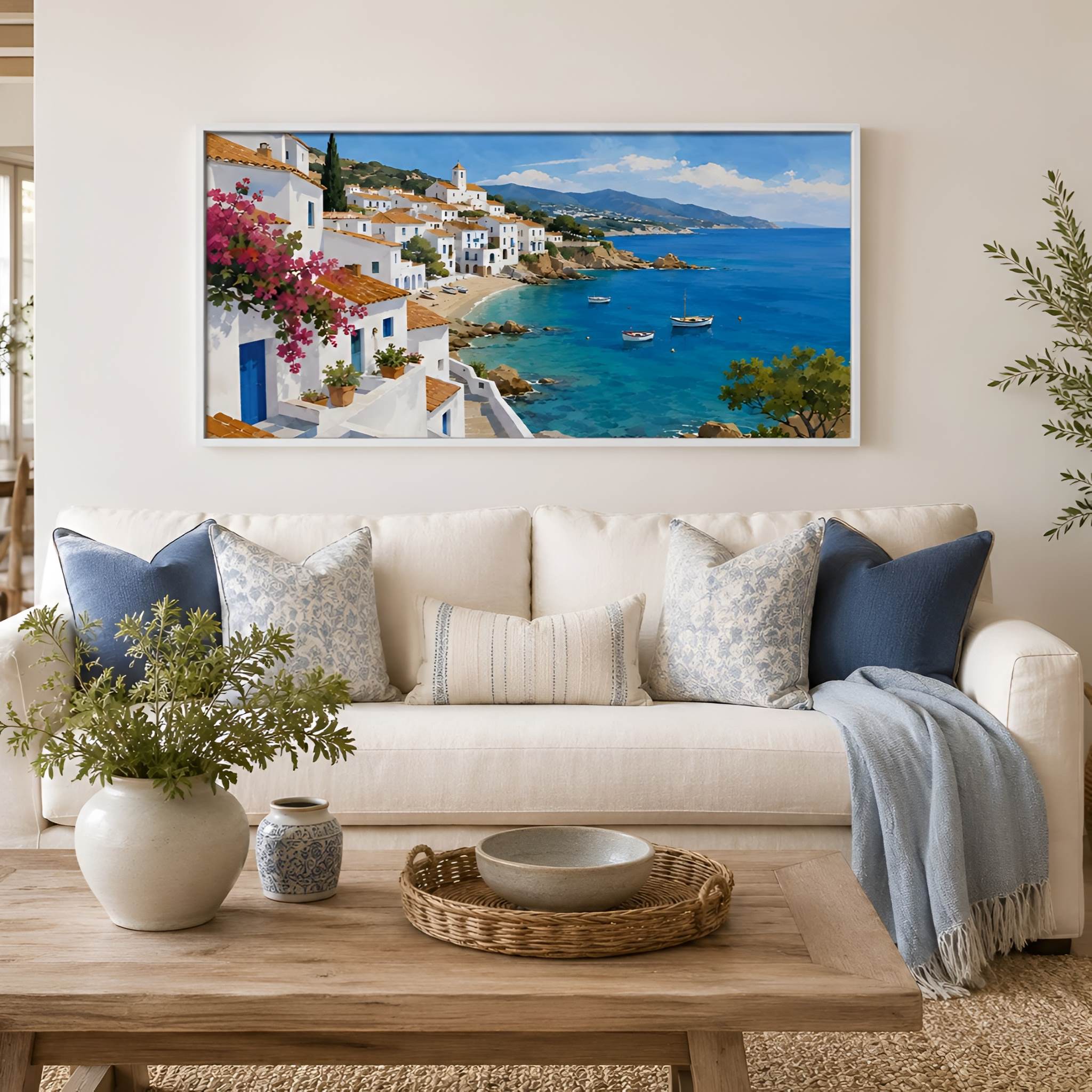 White Village seaside canvas art above neutral sofa in a bright coastal living room