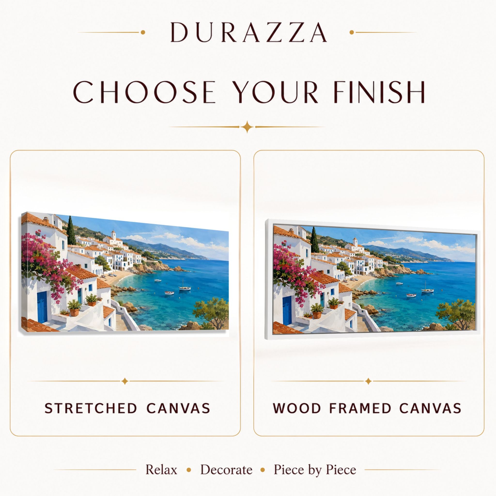 Finish guide showing Azurea stretched canvas and white framed canvas options.