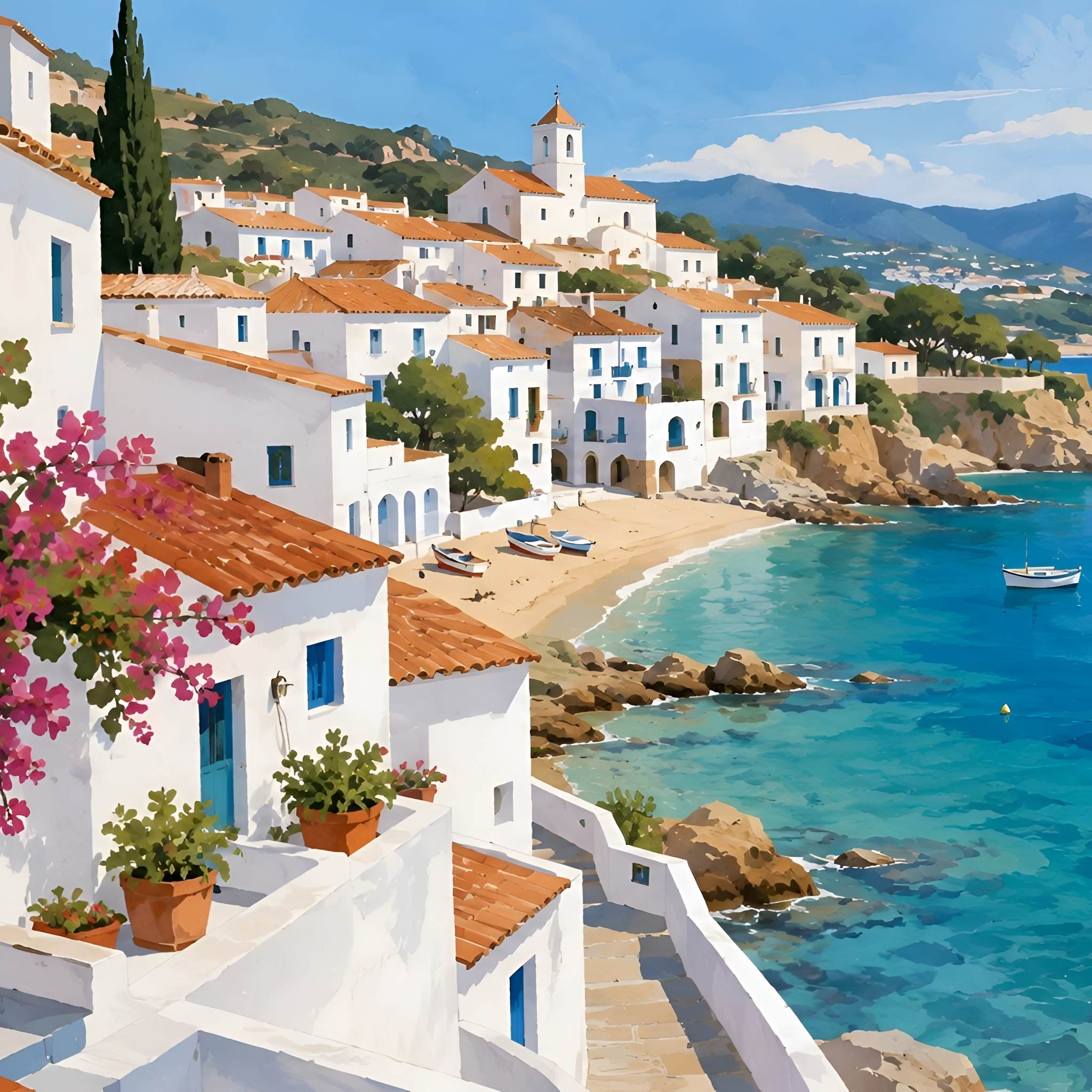 Detailed coastal village wall art showing white homes, boats, cliffs, and water.
