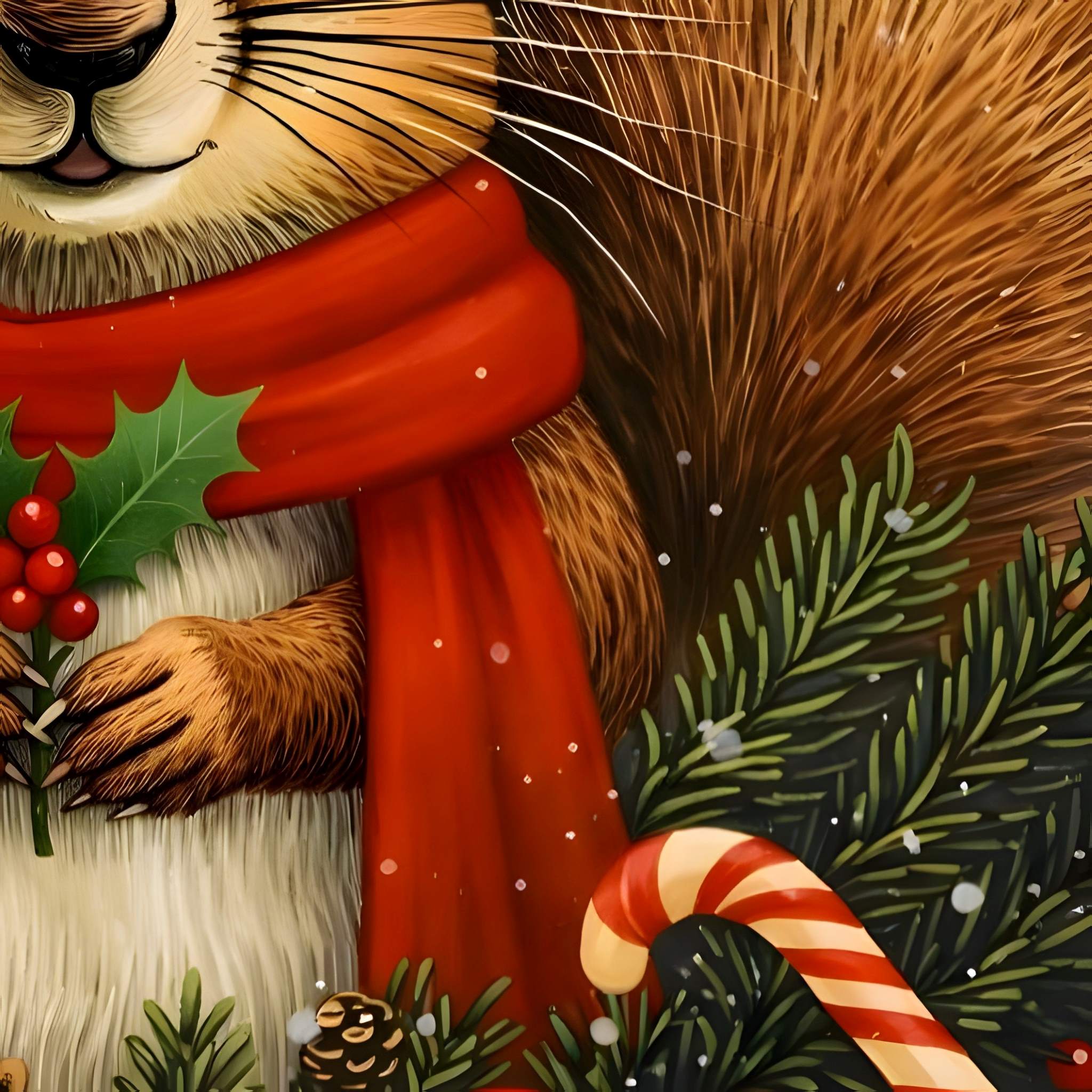 Illustration of a winter squirrel wearing a red scarf with holly leaves and berries, surrounded by Christmas elements.