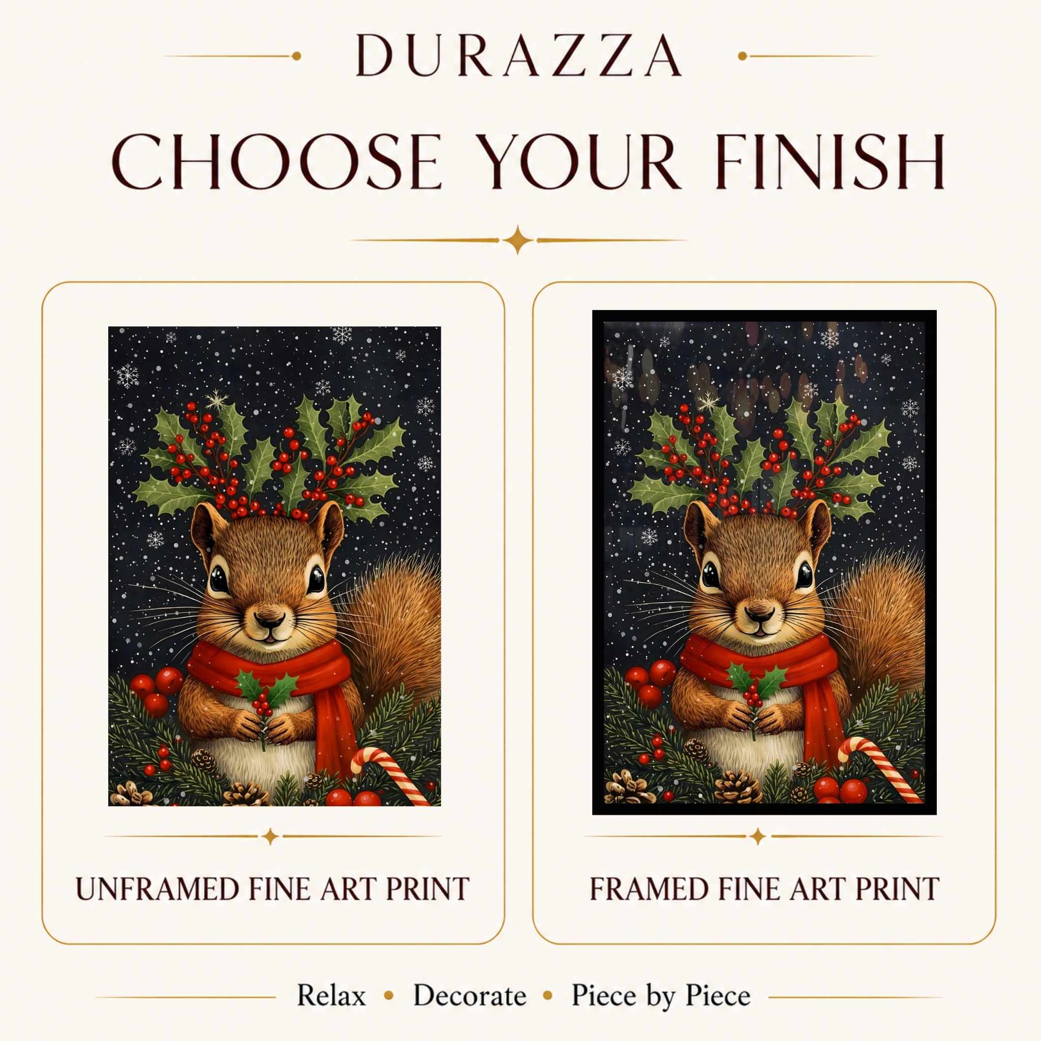Two versions of a Christmas squirrel illustration with holly and candy canes, one unframed and one framed, on a white background with 'Durazza' branding.