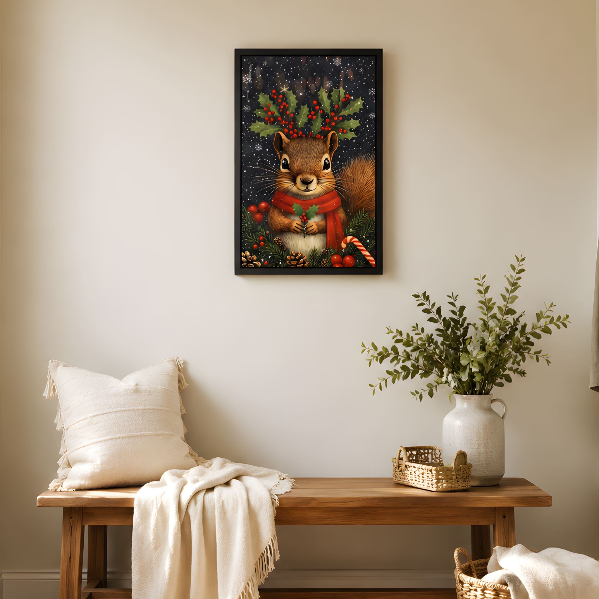Winter wall art of a squirrel with a red scarf in a living room setting.