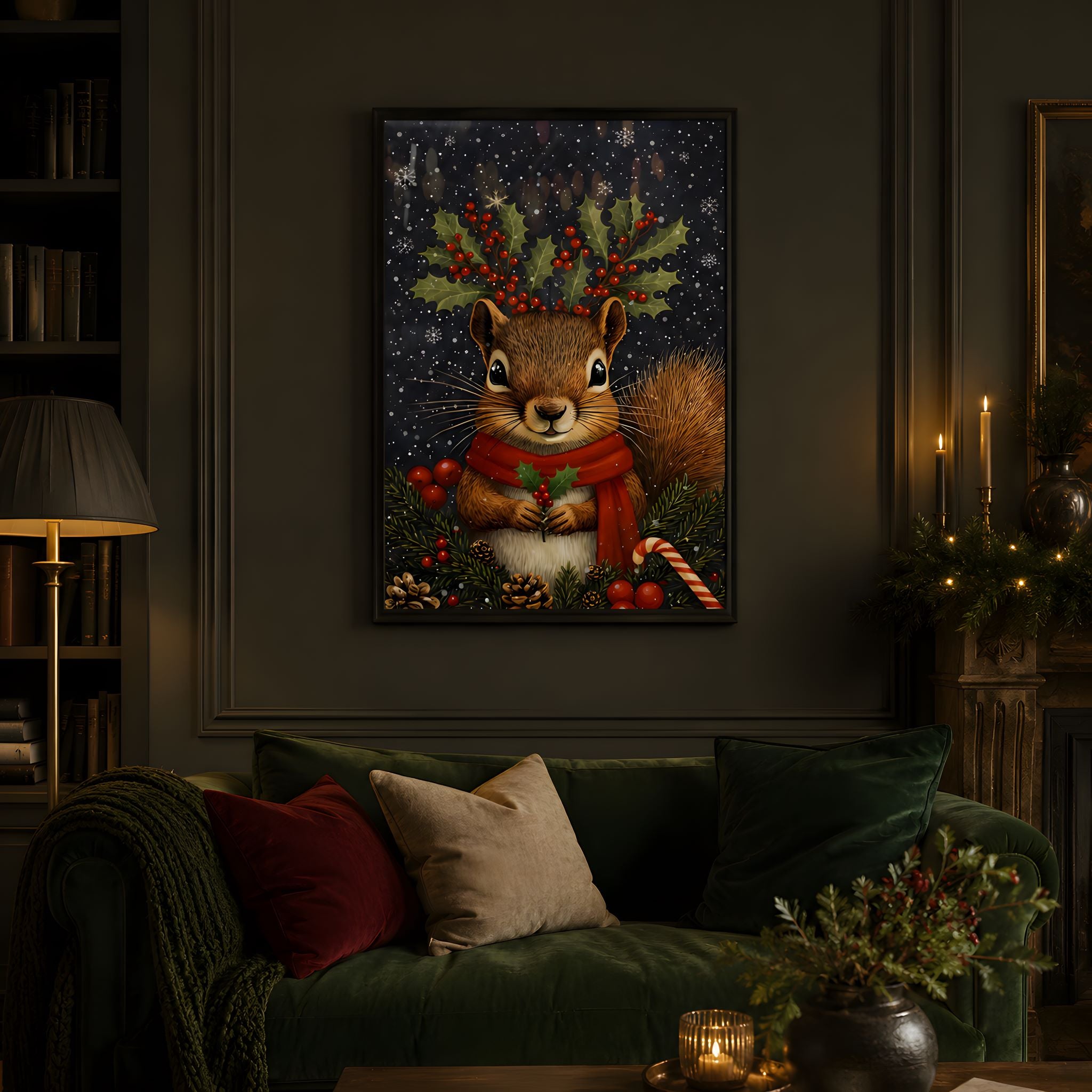 Framed artwork of a squirrel with a festive hat and scarf in a holiday decorated living room.