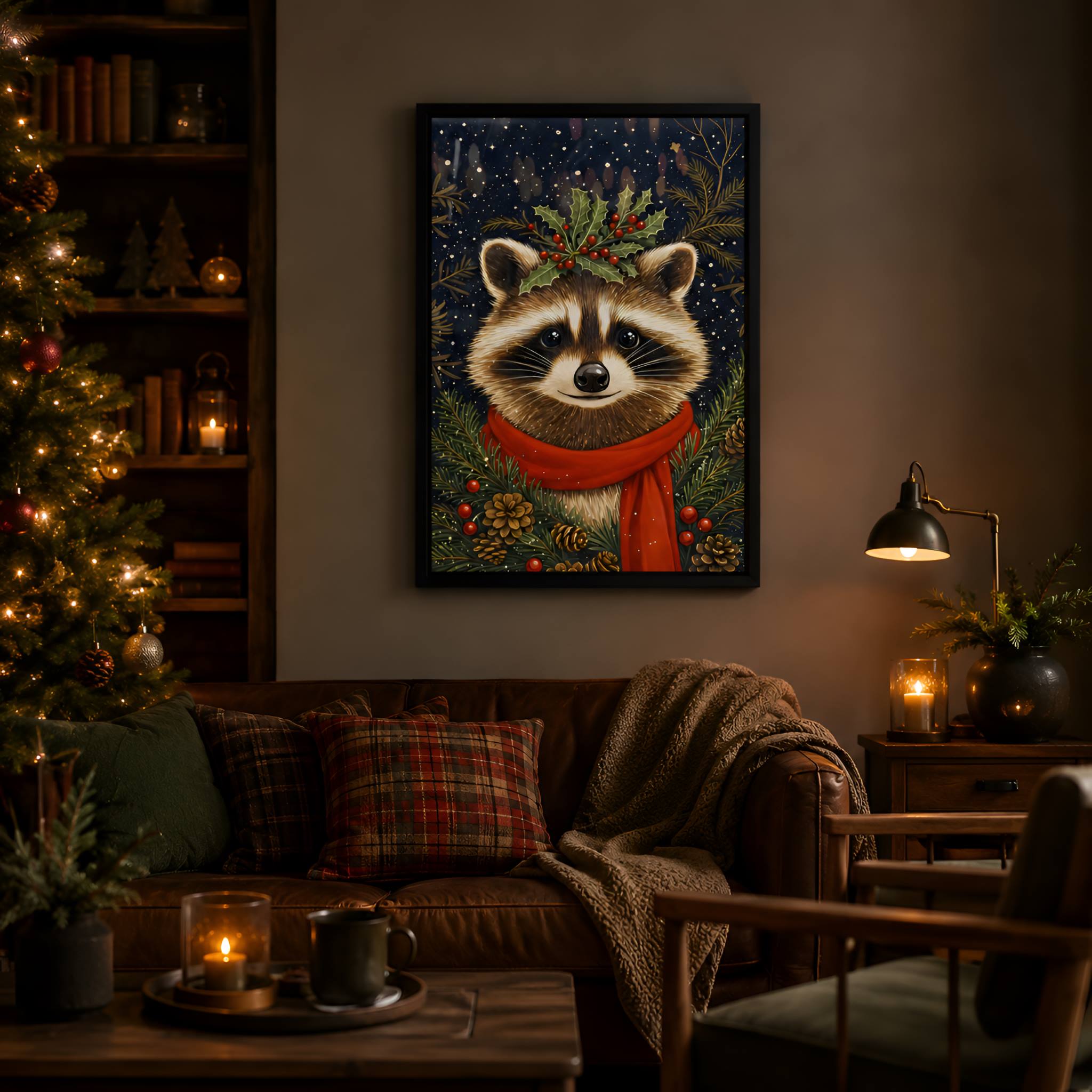Cozy living room with a raccoon painting on the wall, Christmas tree, and warm lighting.