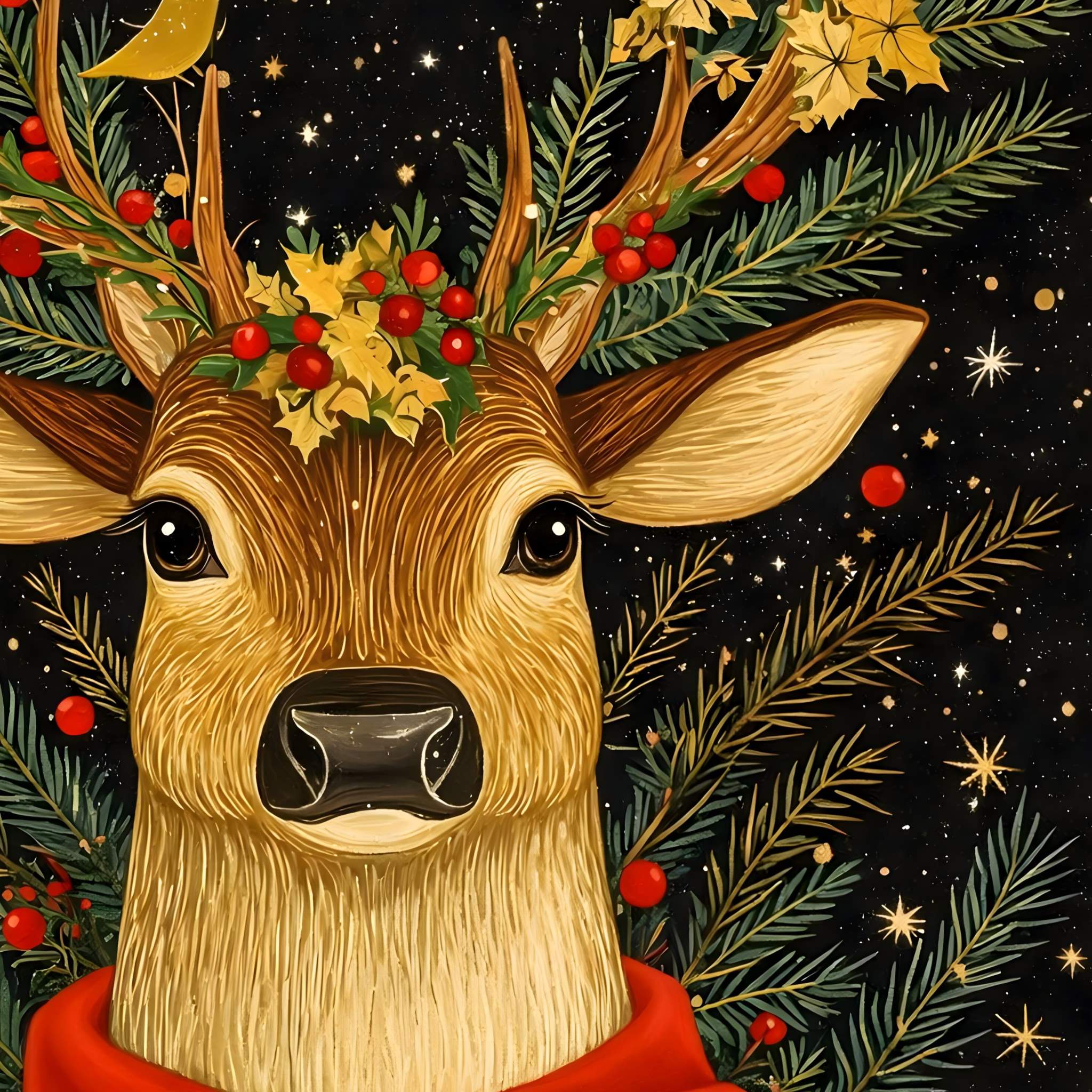 Close-up detail of a deer with antlers and foliage on a dark background