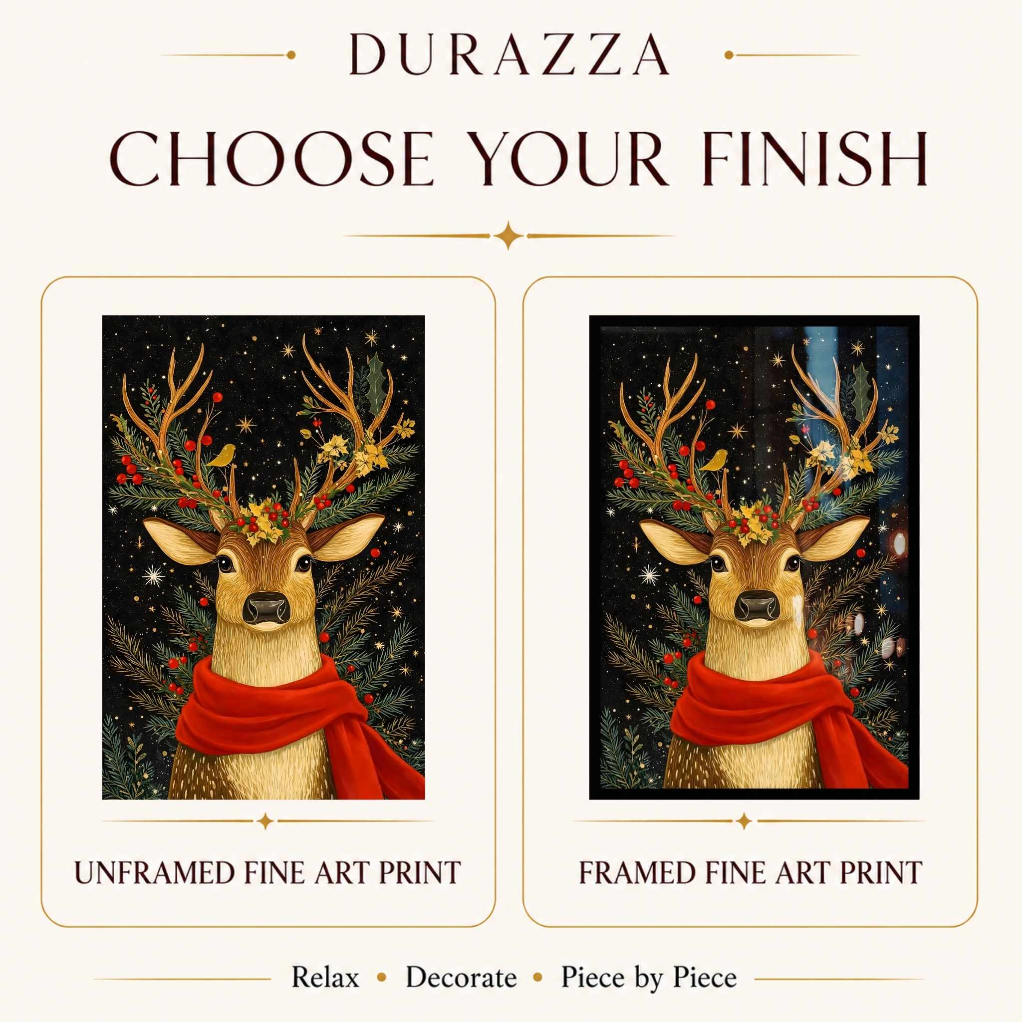 Two deer art prints with red scarves and festive antlers, labeled 'Unframed Fine Art Print' and 'Framed Fine Art Print' by Durazza.