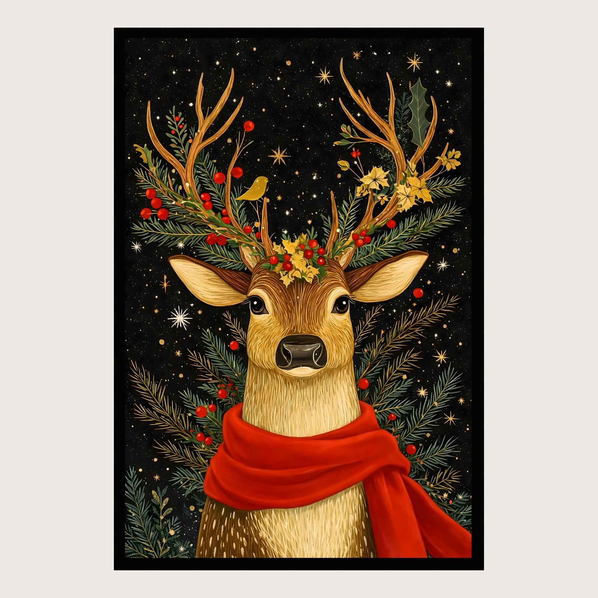 Framed wall art of a deer with antlers decorated with berries and leaves, wearing a red scarf against a snowy night background.
