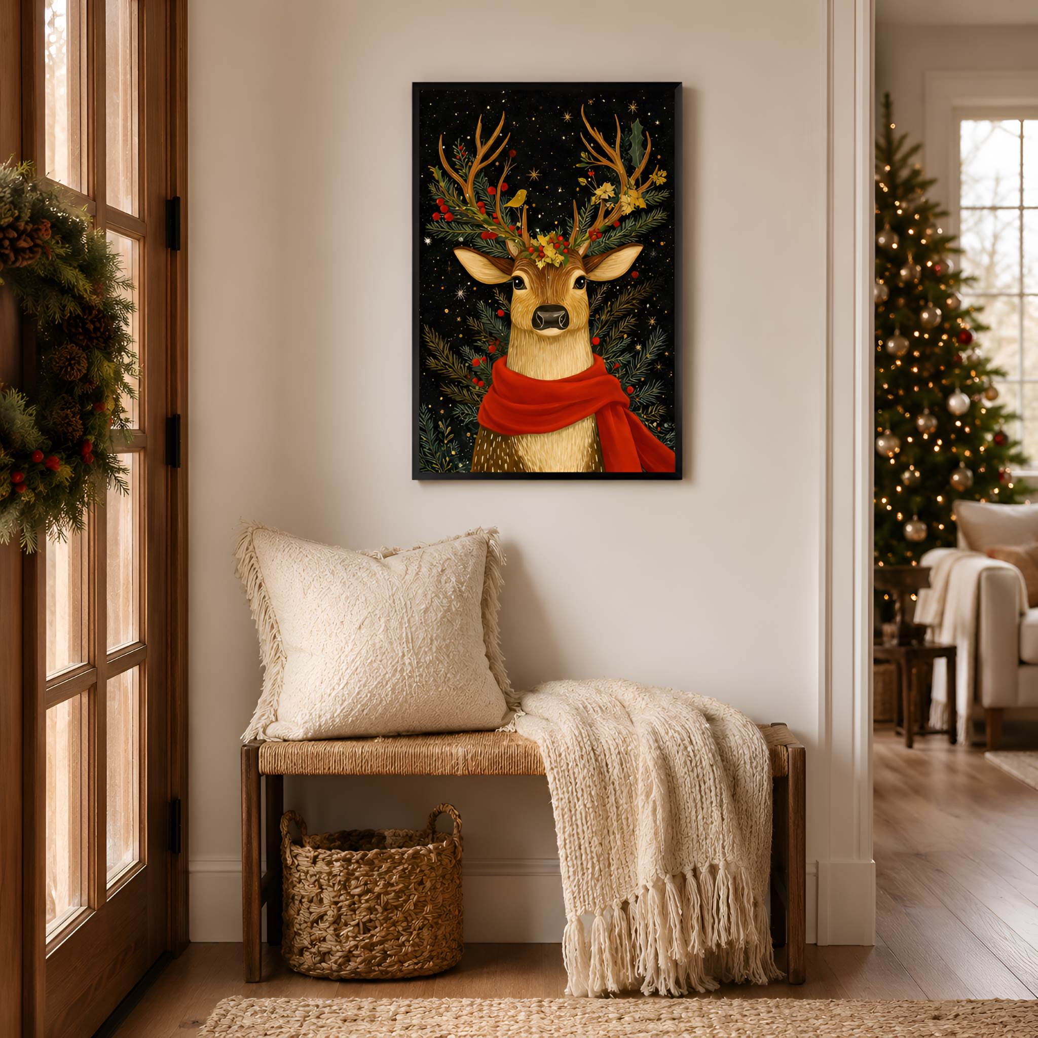 Winter deer wall art framed hanging on a festive foyer wall.