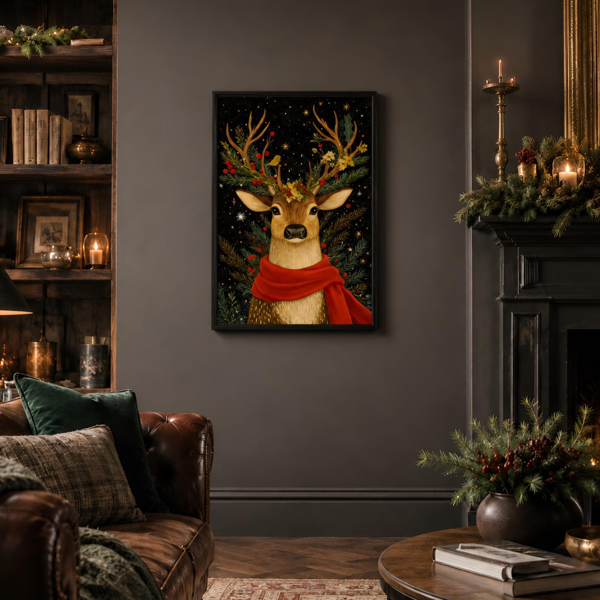 Framed artwork of a deer with antlers and a red scarf in a Christmas decorated living room.