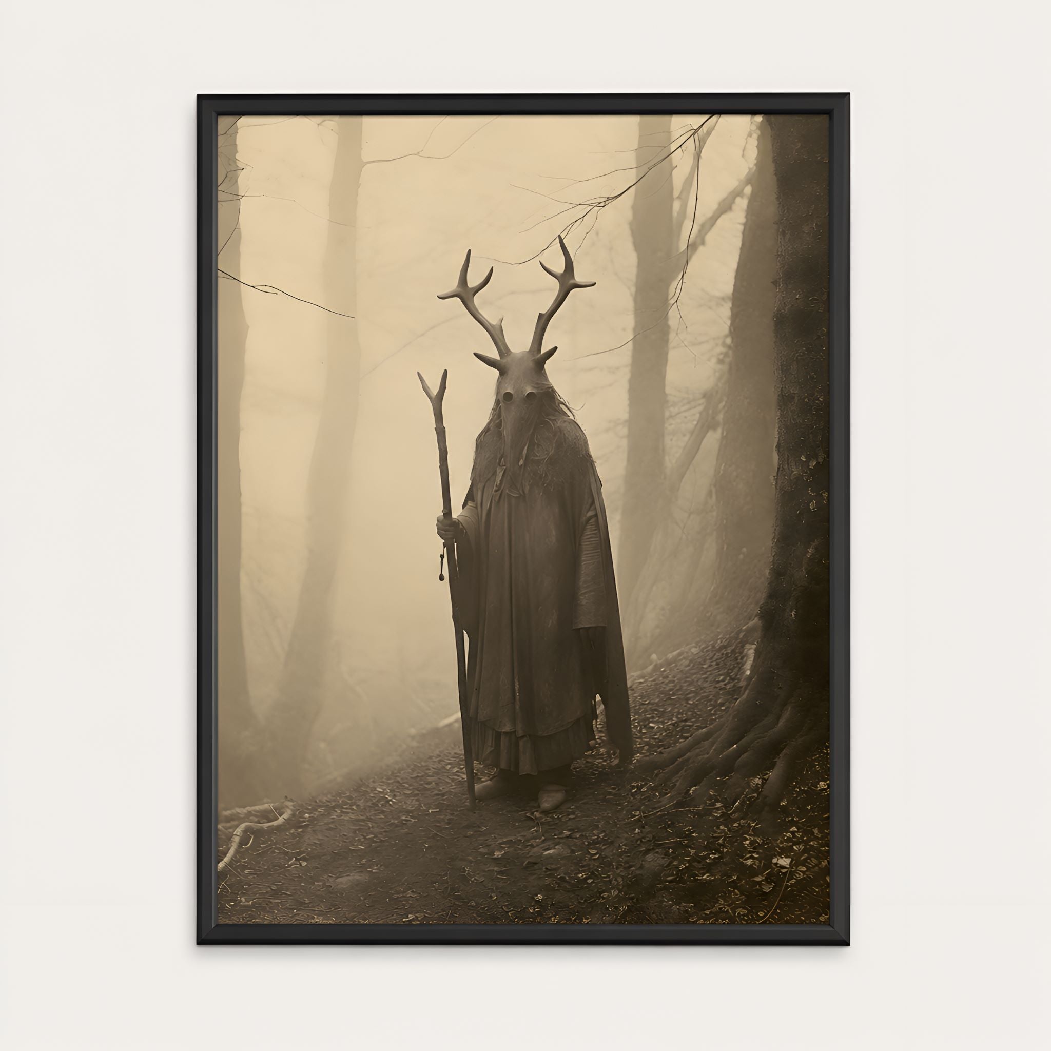 Wall art of a shaman wearing an antlered mask and a cloak in a misty forest.