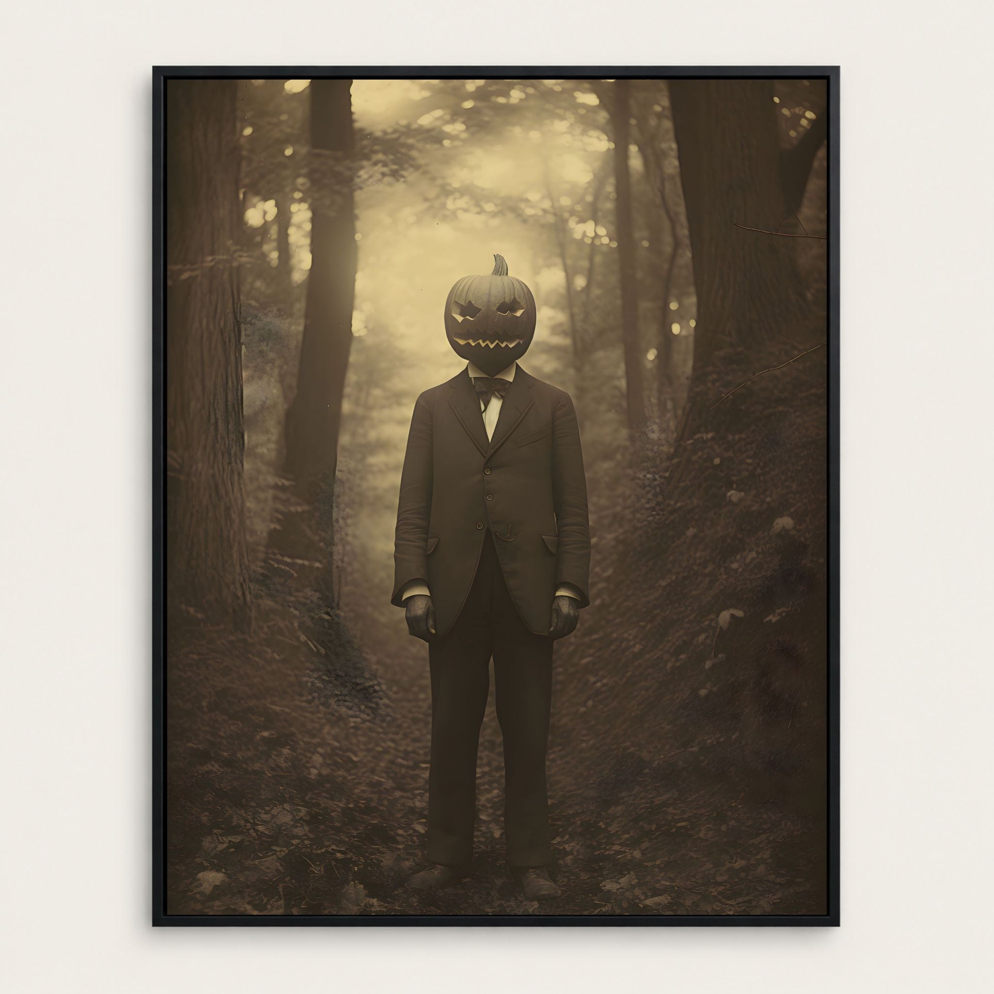 A gothic art print with a person in a suit with a pumpkin head standing in a forest