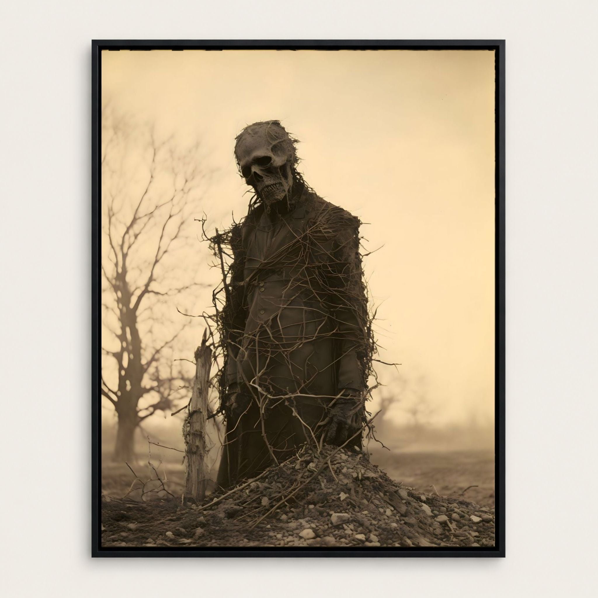 Framed horror artwork of a skeleton wrapped in branches against a misty landscape.