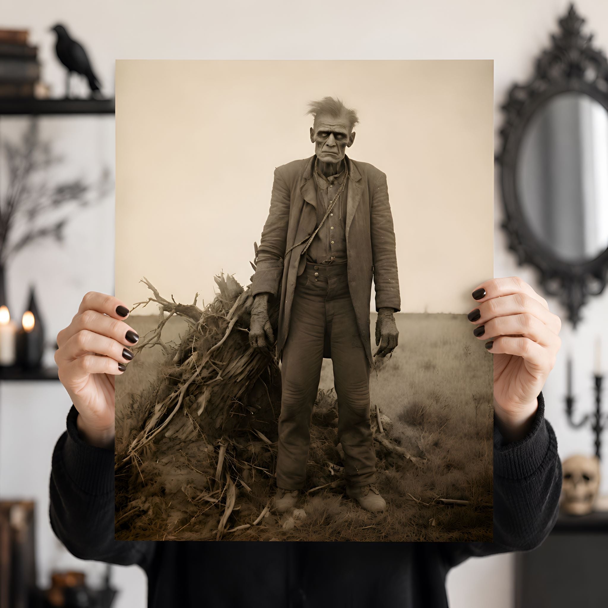 Person holding a vintage Frankenstein photograph of a man in a suit with a dark, eerie background.