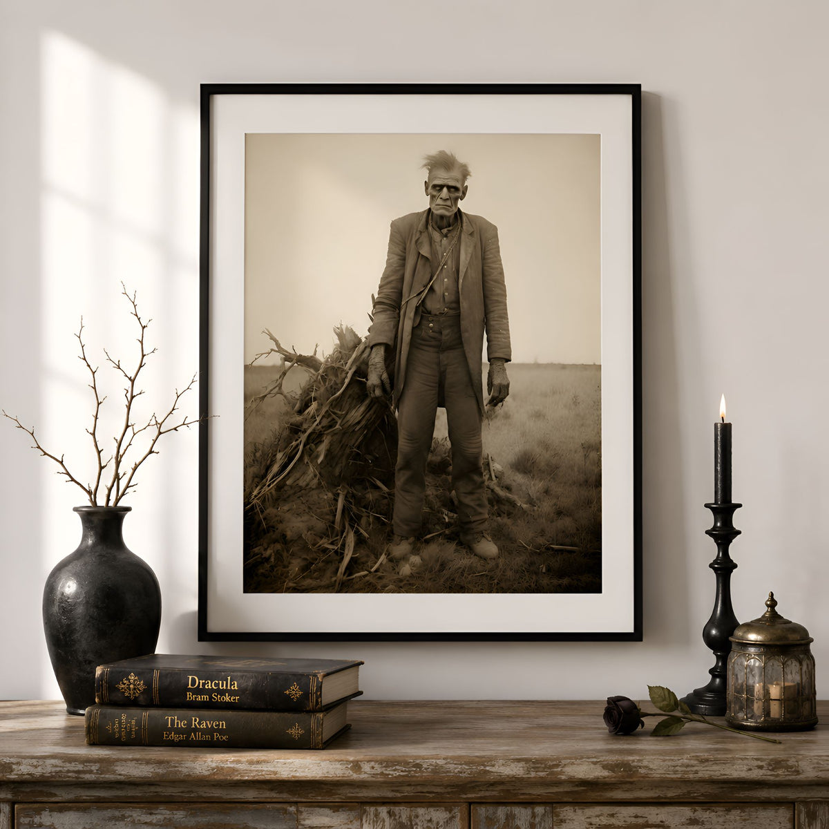Framed sepia-toned Frankenstein portrait on a wooden table with books and decorative items.