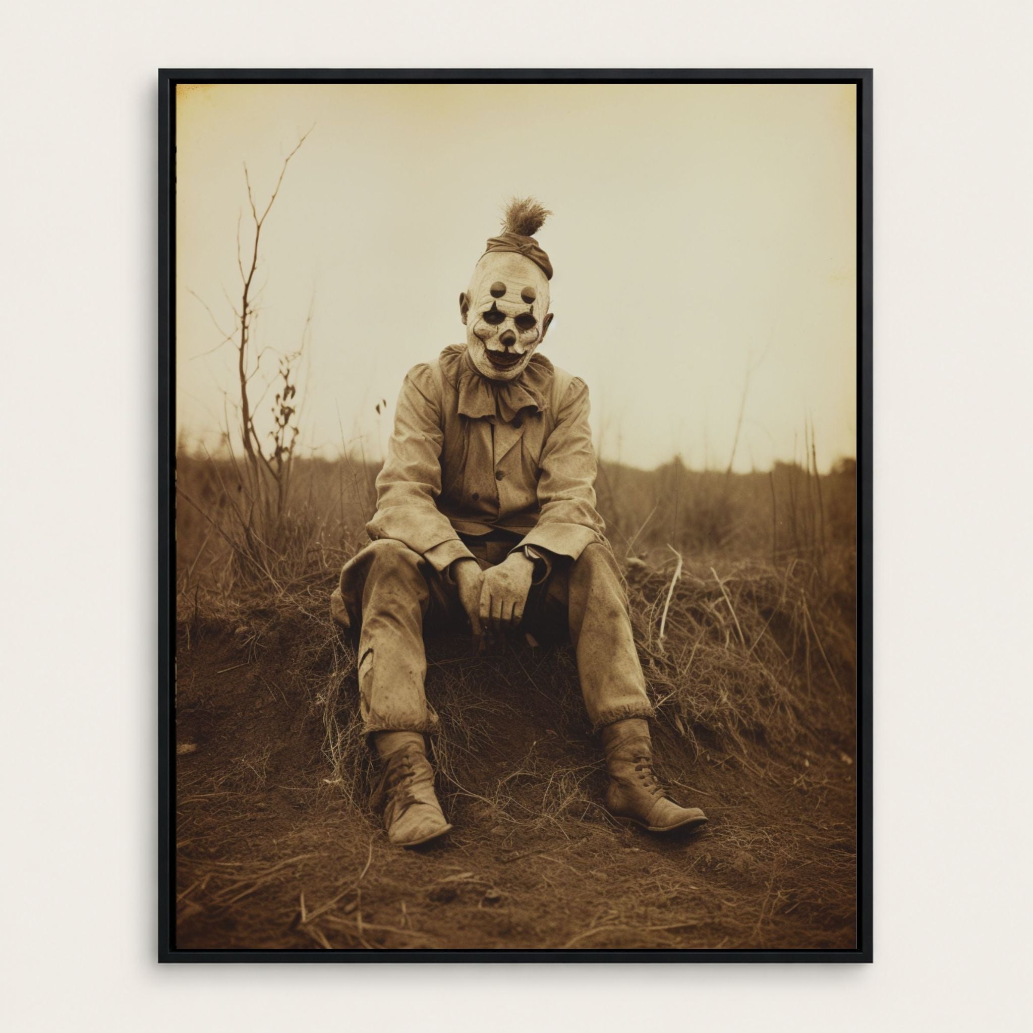 A Victorian gothic wall art with a scary clown sitting in an empty field.