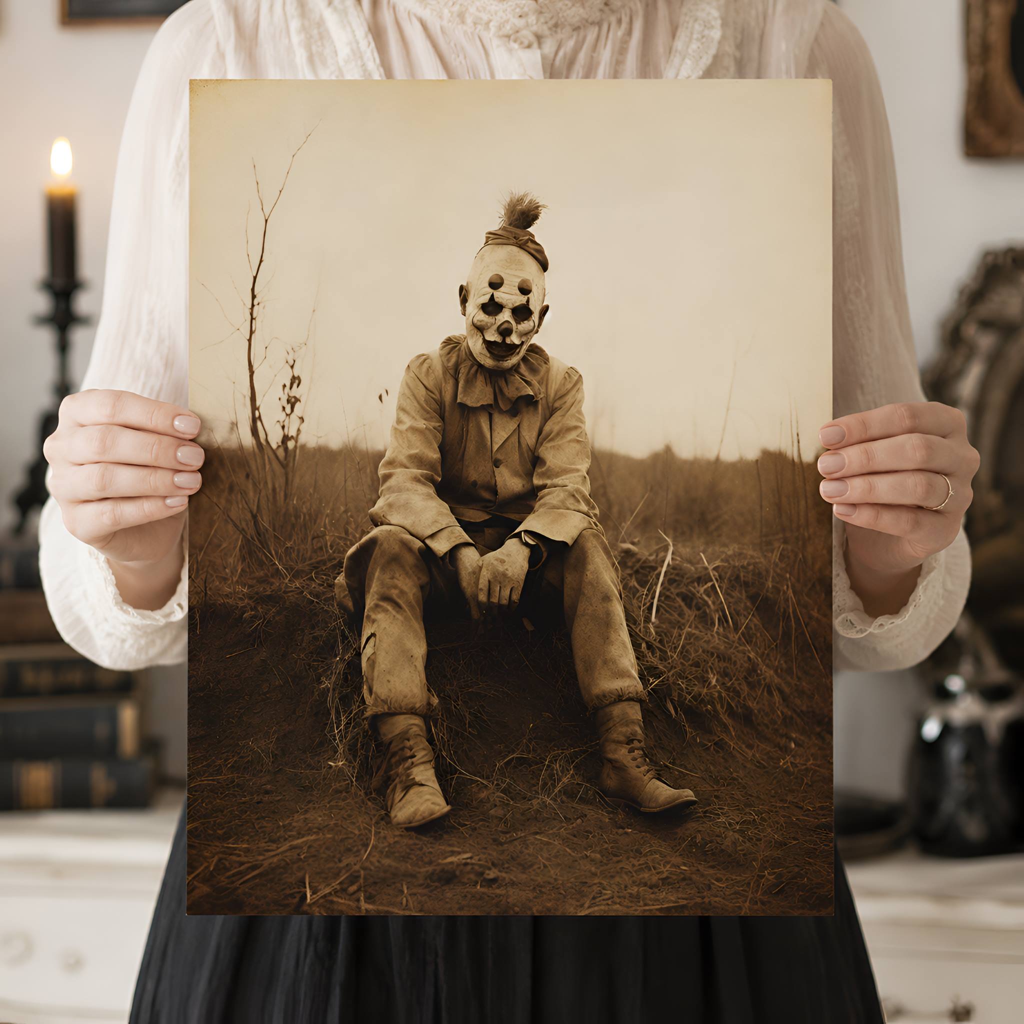 Person holding a sepia-toned horror art piece of a clown in a suit and mask sitting outdoors.