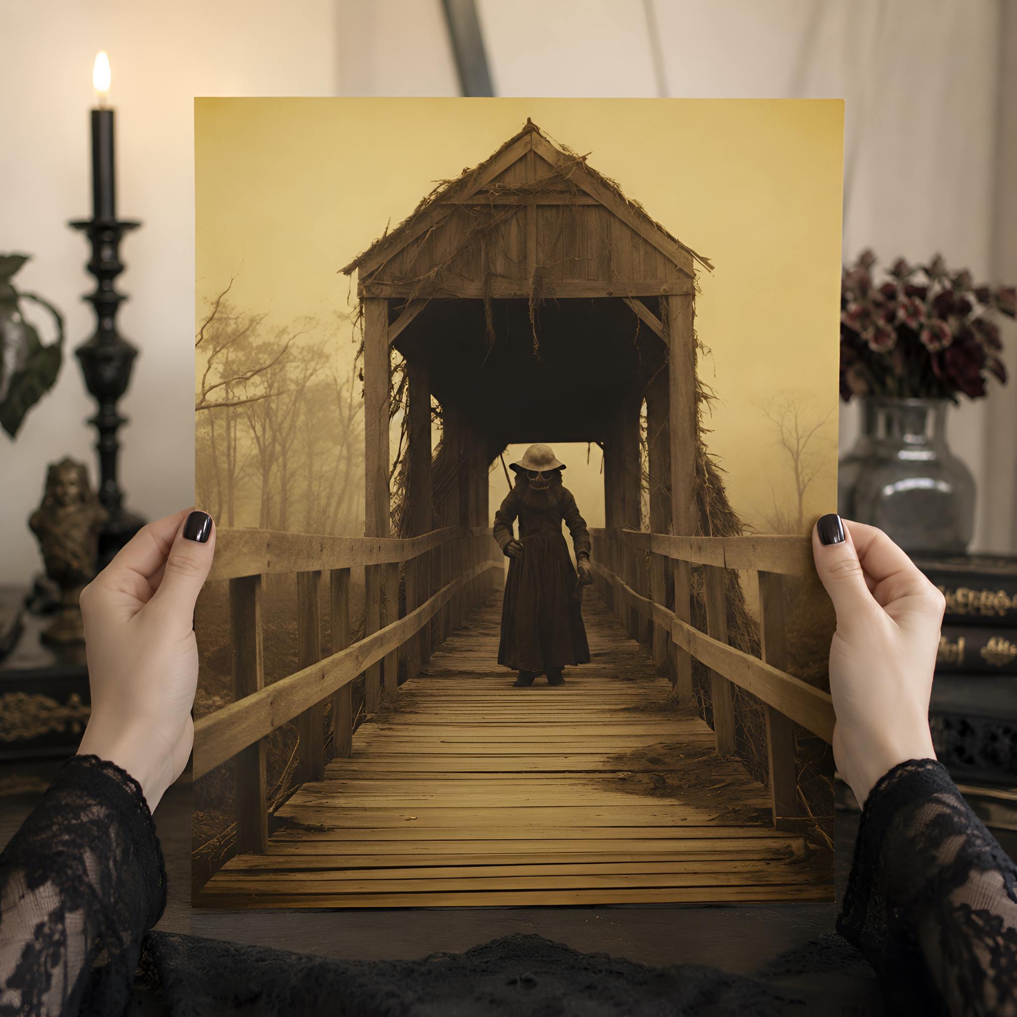 Horror artwork of a person holding a sepia-toned photograph of a covered bridge with a person walking on it.