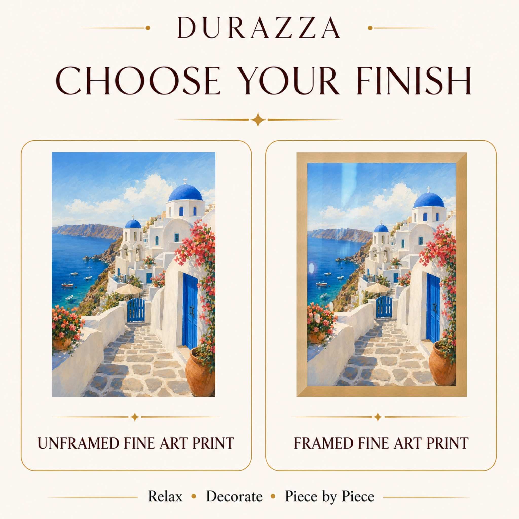 Unframed and framed fine art print of the scenic coastal Santorini village with blue domes and doors.