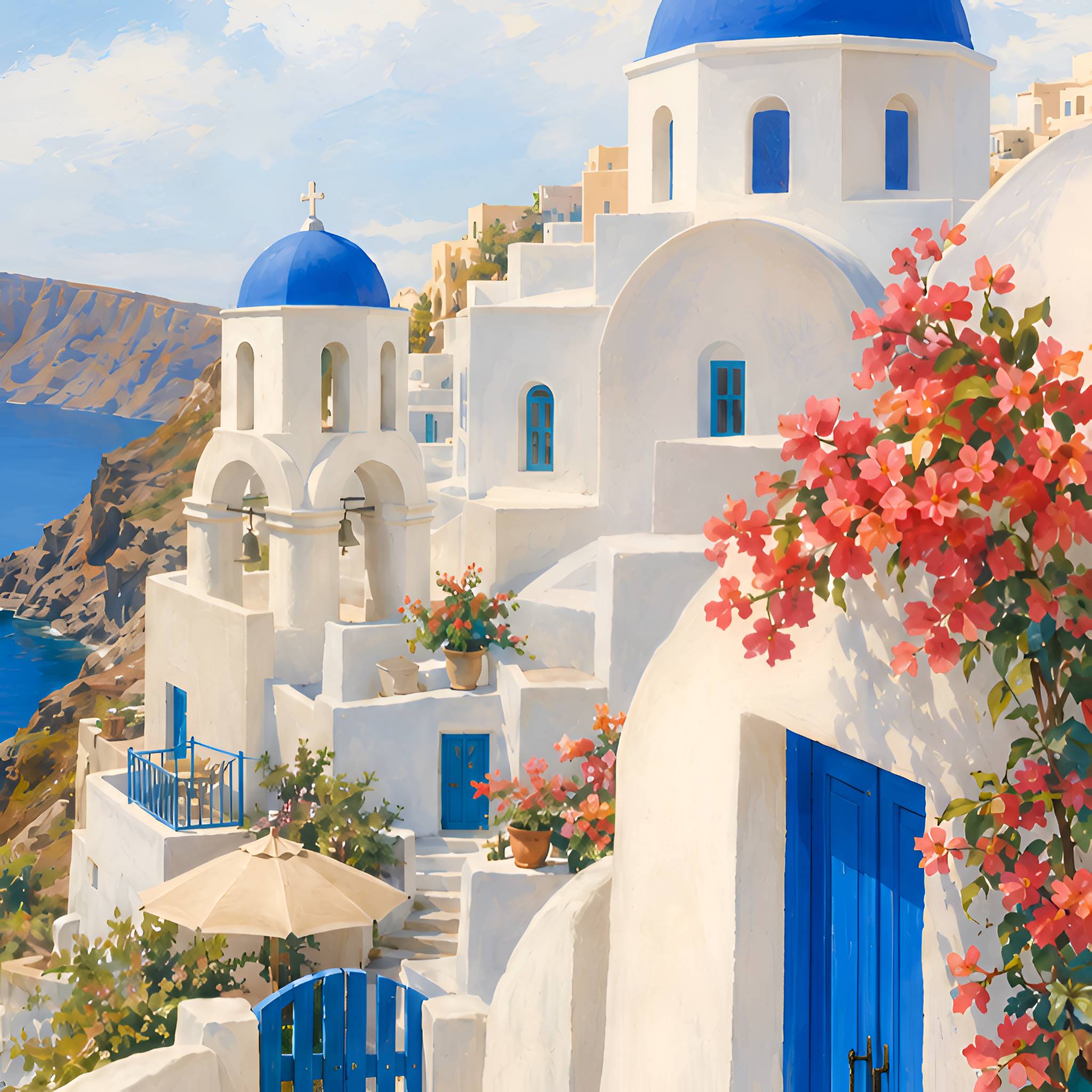 A closeup view of Santorini wall art showing off the white buildings with blue domes and doors in a scenic location with flowers and ocean view.