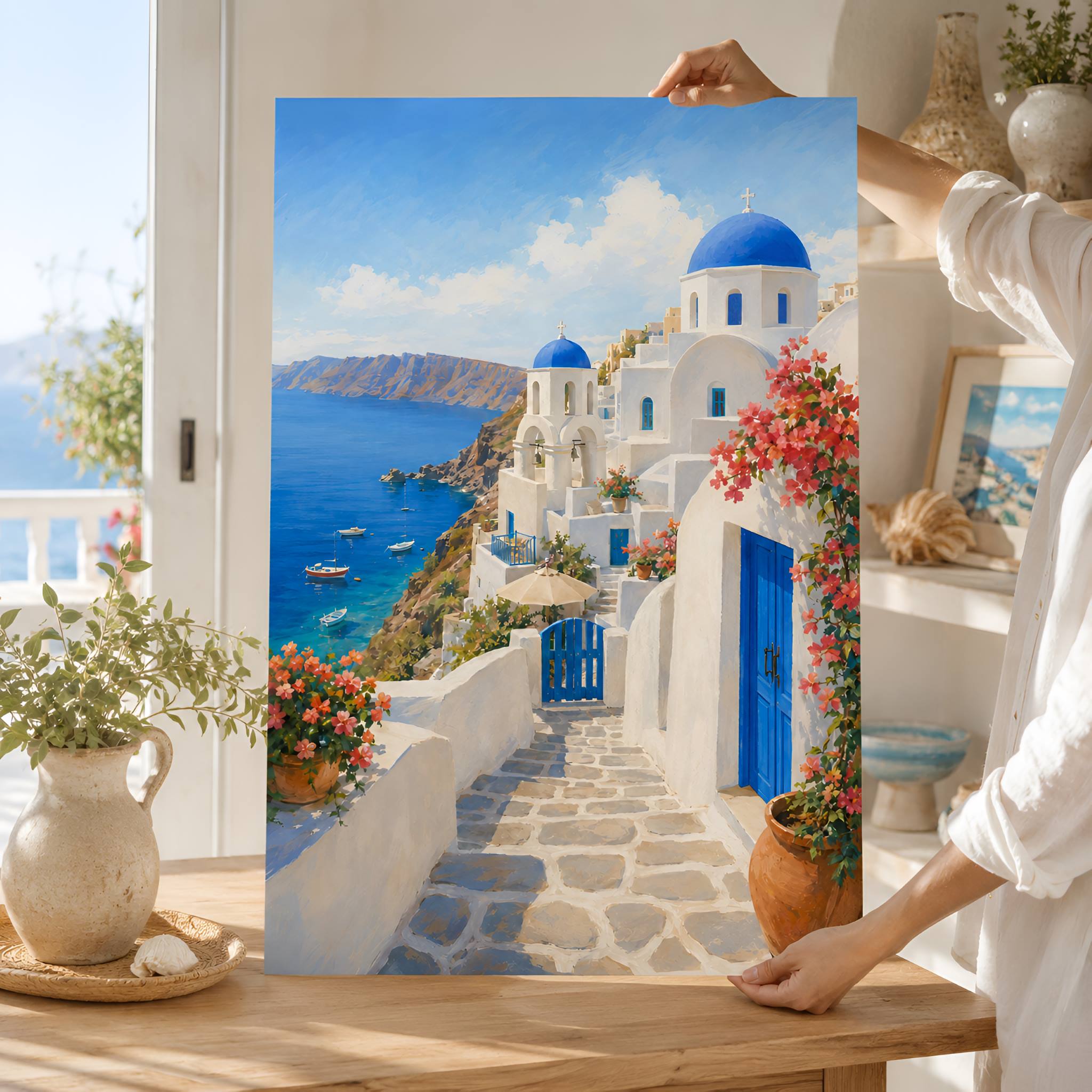 Person holding a fine art print of a scenic Greek island with blue domes and white buildings.