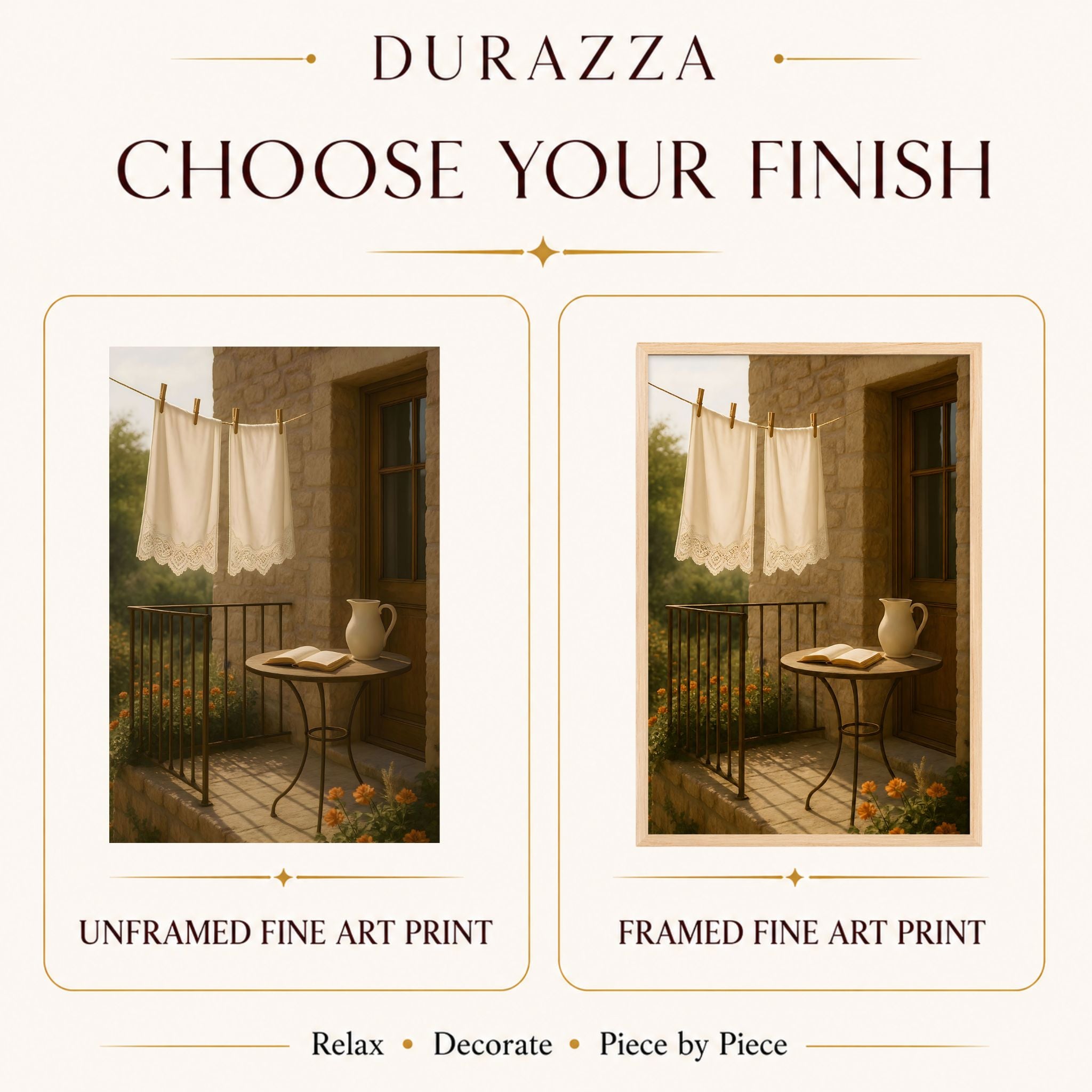 Showing a side-by-side comparison of unframed and framed fine art prints of a cottage balcony scene.