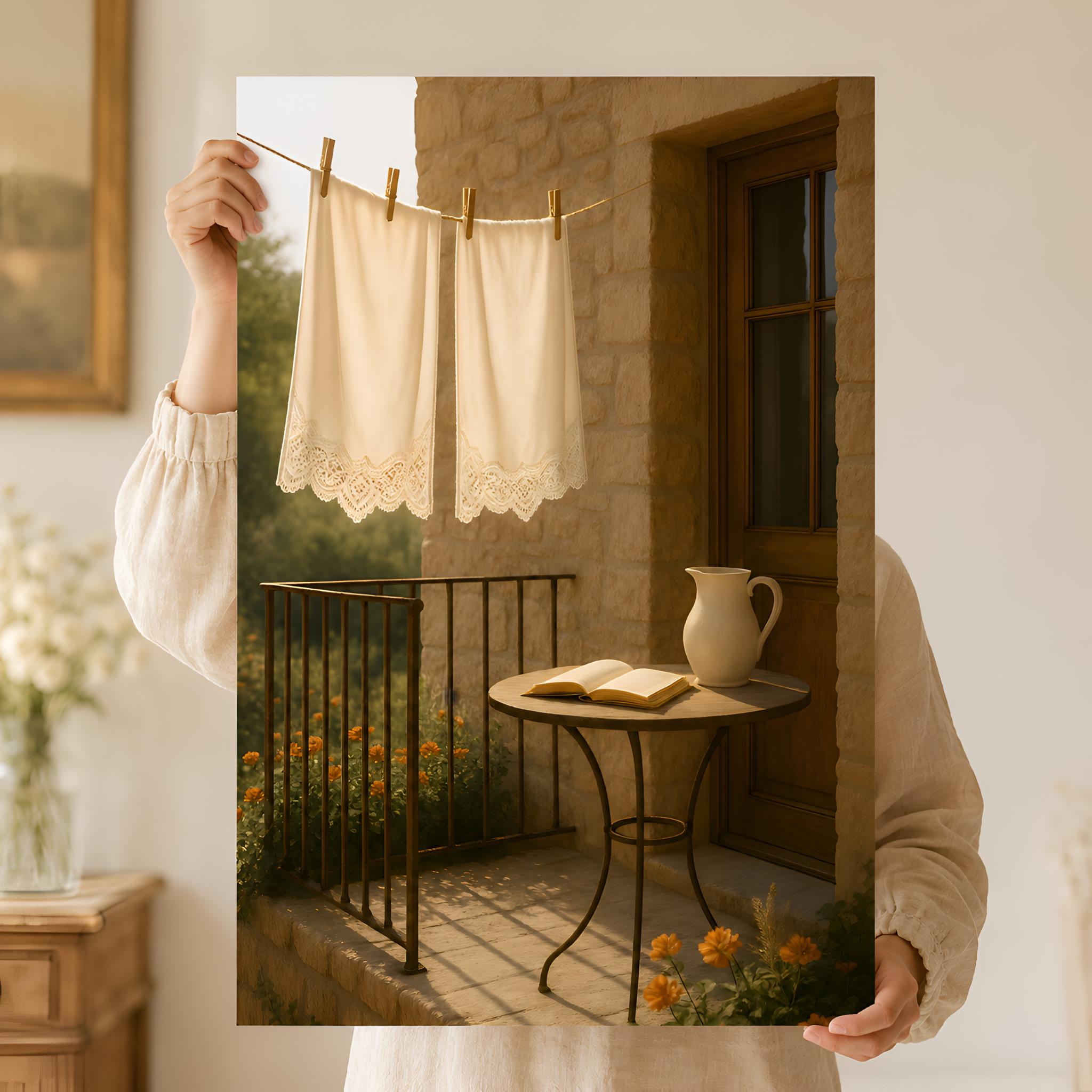 A person holding a warm, golden-hour photograph of a stone patio with lace-trimmed white linens hanging on a clothesline. An open book and a white ceramic pitcher rest on a bistro table nearby, surrounded by orange flowers.