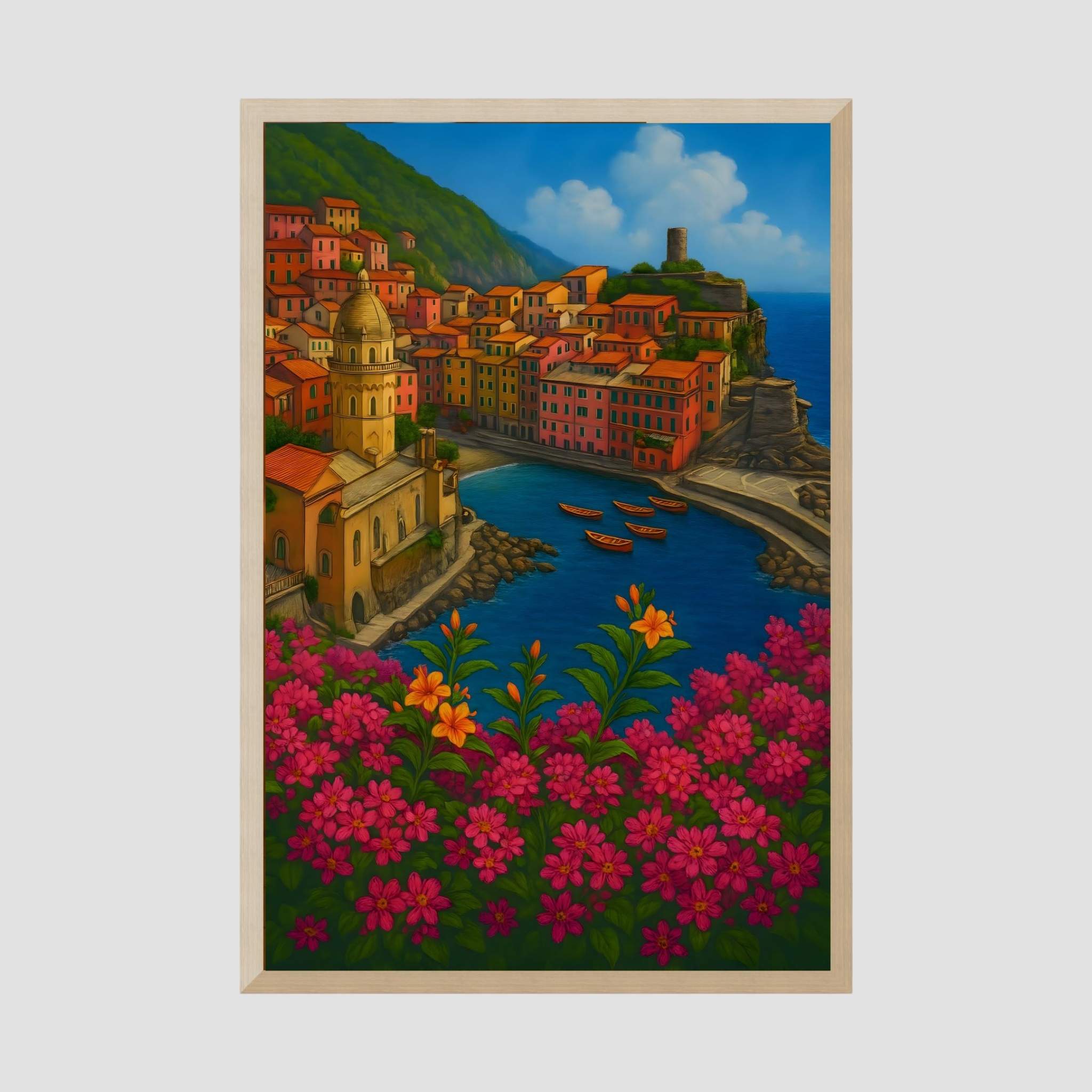 Colorful Amalfi Coast wall art with a harbor village, domed church, boats, and blue sea in a natural wood frame.