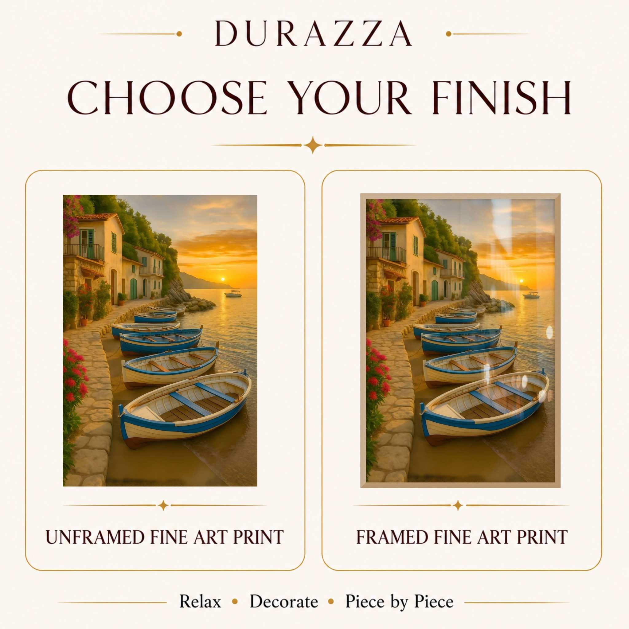 Promotional image for Durazza fine art prints with two views of a coastal scene with boats and houses.