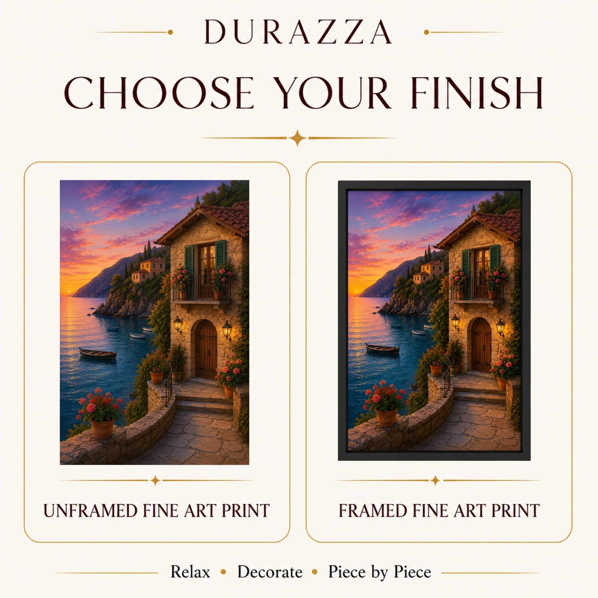 Two versions of a framed and unframed fine art print by Durazza, showing a scenic house by the water.