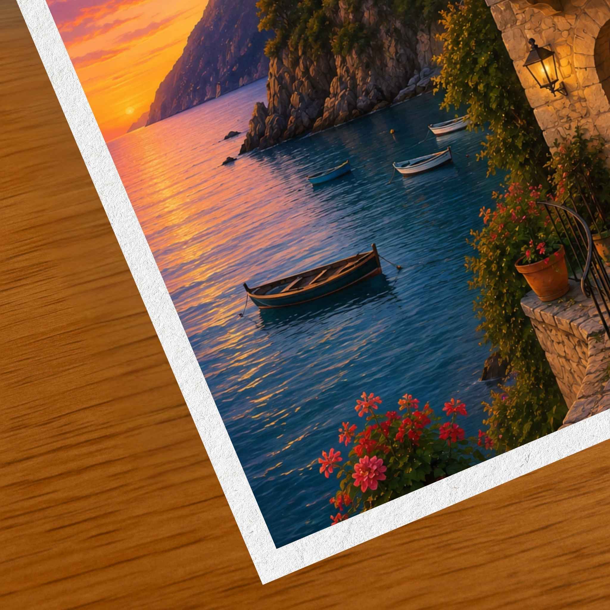 Close-up of a coastal scene with boats in the water, sunset, and flowers on a wooden surface.